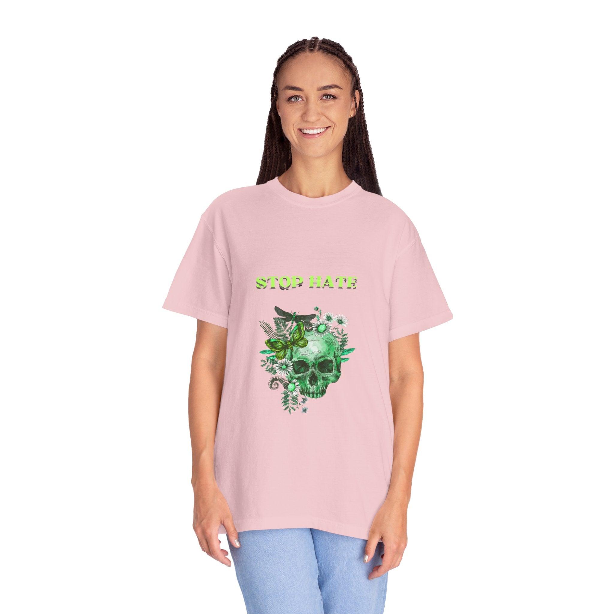 Stop Hate Skull T-Shirt — Green Floral Skull Graphic Tee