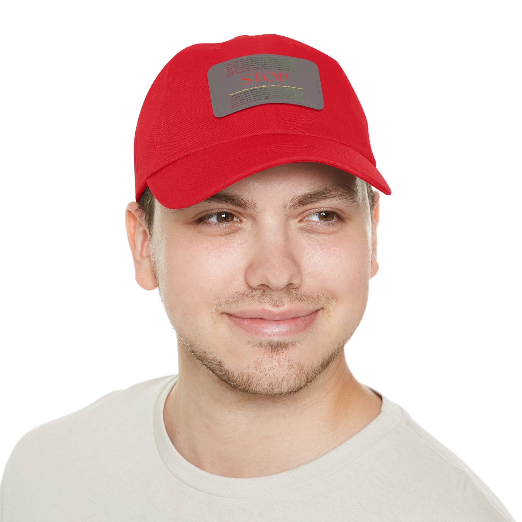Leather Patch Dad Hat — 'STOP' Embossed Casual Baseball Cap