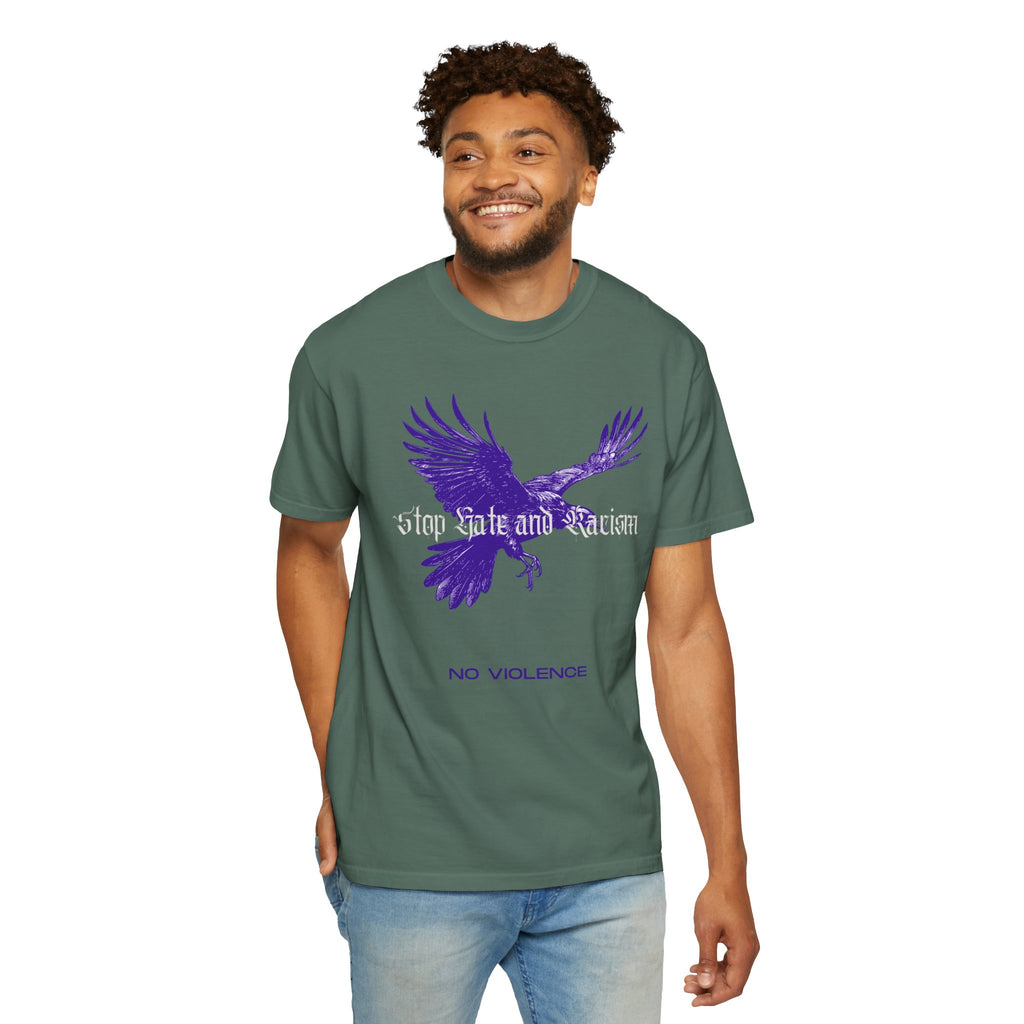 No Violence Raven T-Shirt — Purple Flying Crow Graphic Tee