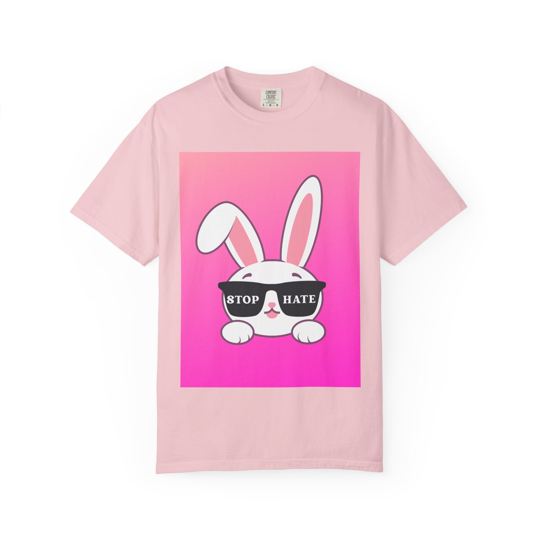 Stop Hate Bunny T‑Shirt — Pink Gradient Anti‑Hate Tee