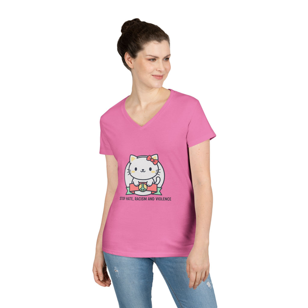 Stop Hate Kitty V-Neck Tee — Cute Anti-Racism Message Shirt