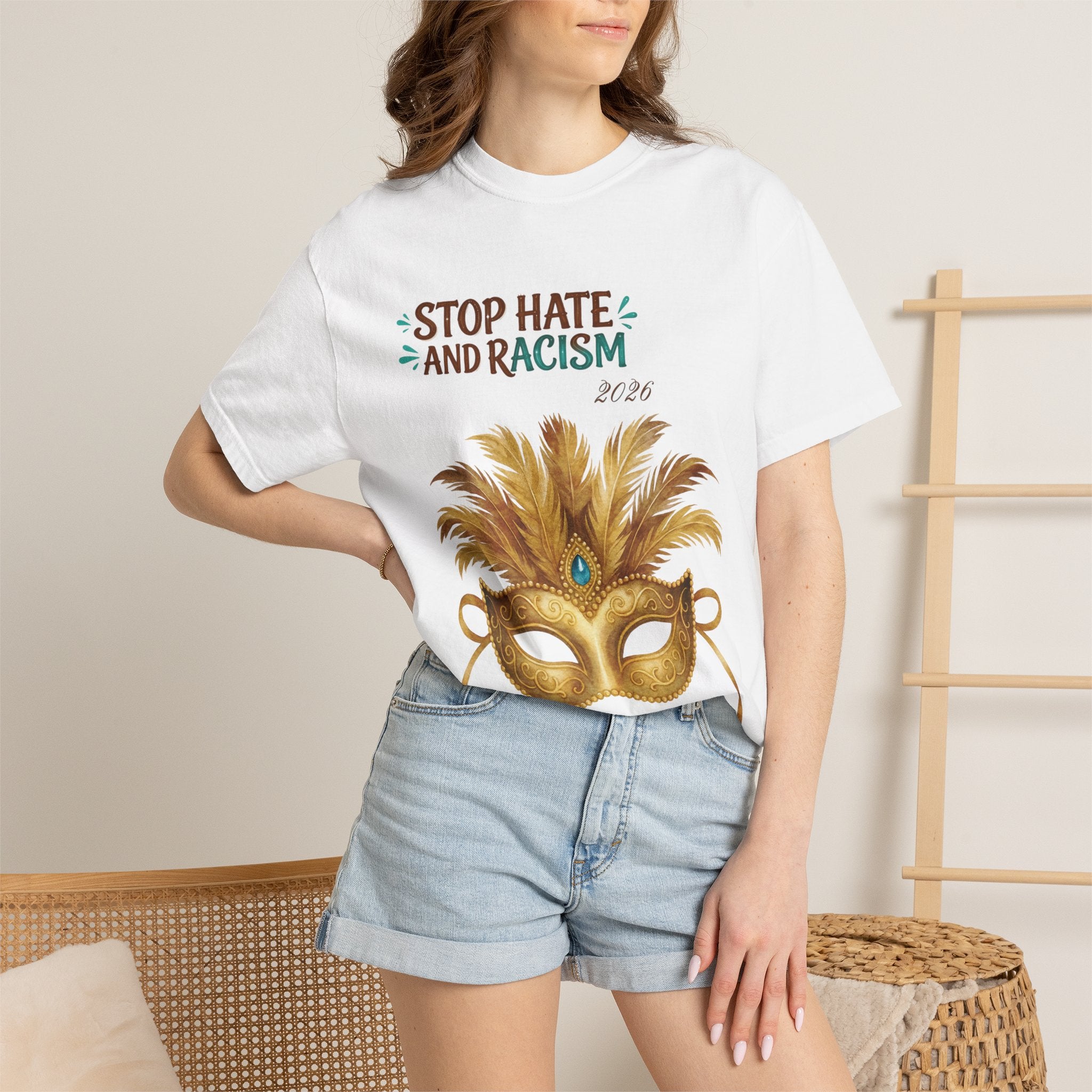 Stop Hate and Racism T-Shirt — Mardi Gras Mask Anti-Racism Tee
