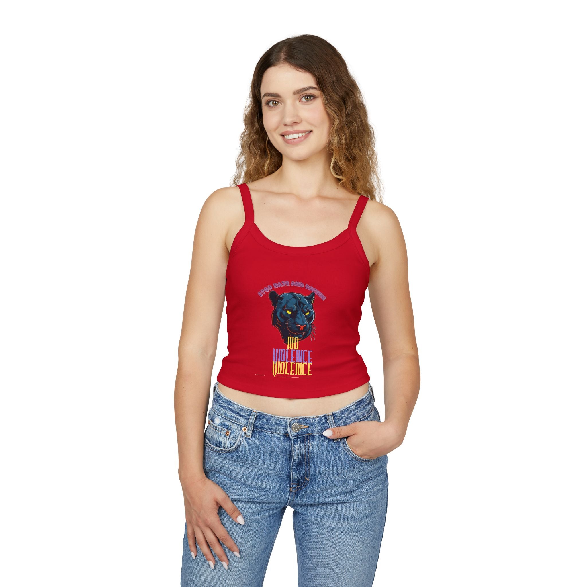 Panther Graphic Crop Tank — "No Violence, No Violence" Women's Spaghetti Strap Tank