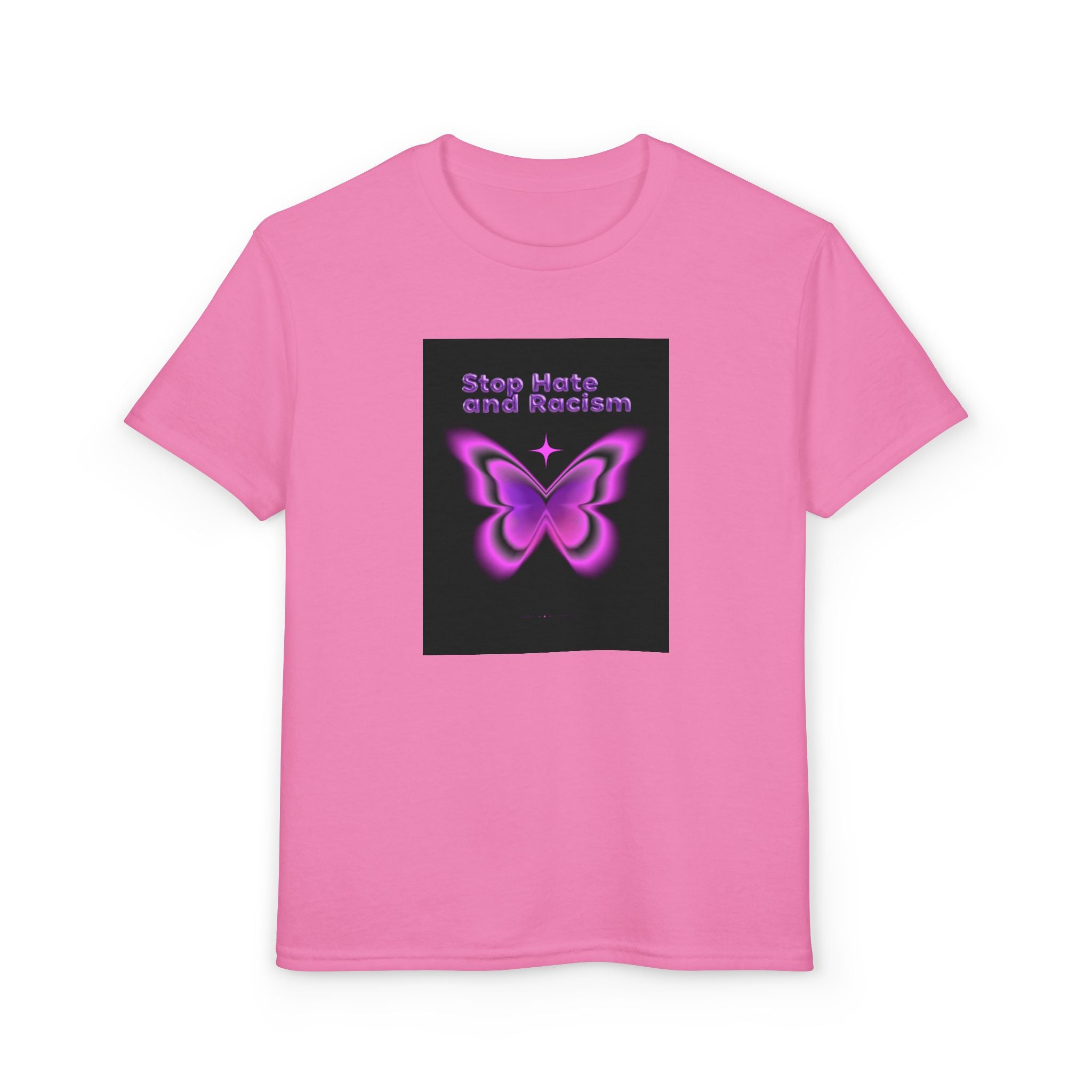Youth T-Shirt — "Stop Hate and Racism" Pink Butterfly Anti-Racism Tee