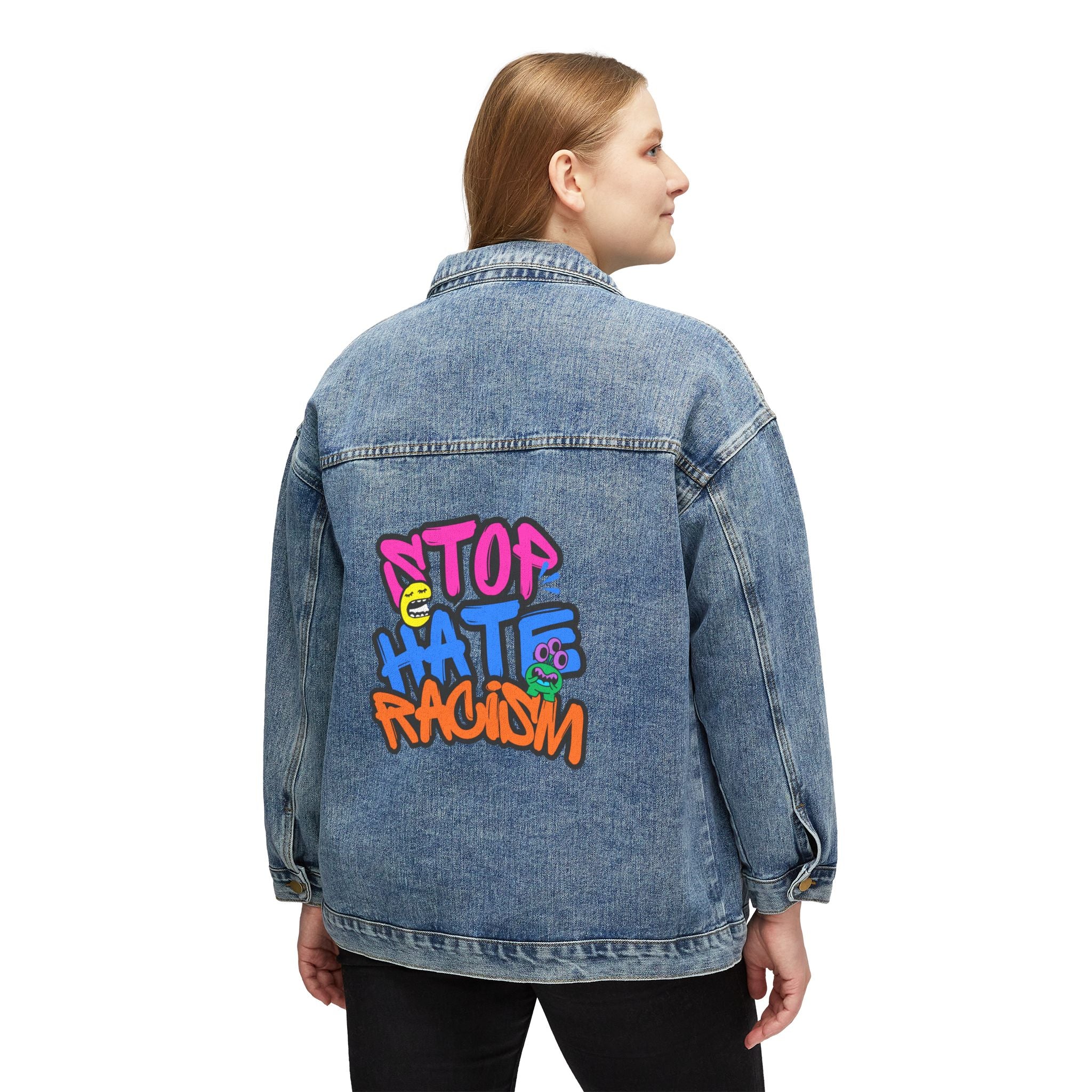 Denim Jacket — 'Stop Hate Racism' Colorful Graffiti Back Patch