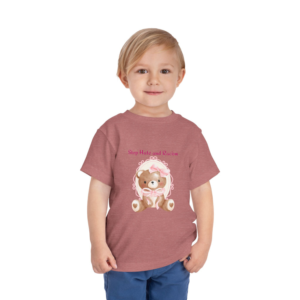 Toddler Tee – Pink Teddy "Stop Hate and Racism" Anti-Racism Kids Shirt
