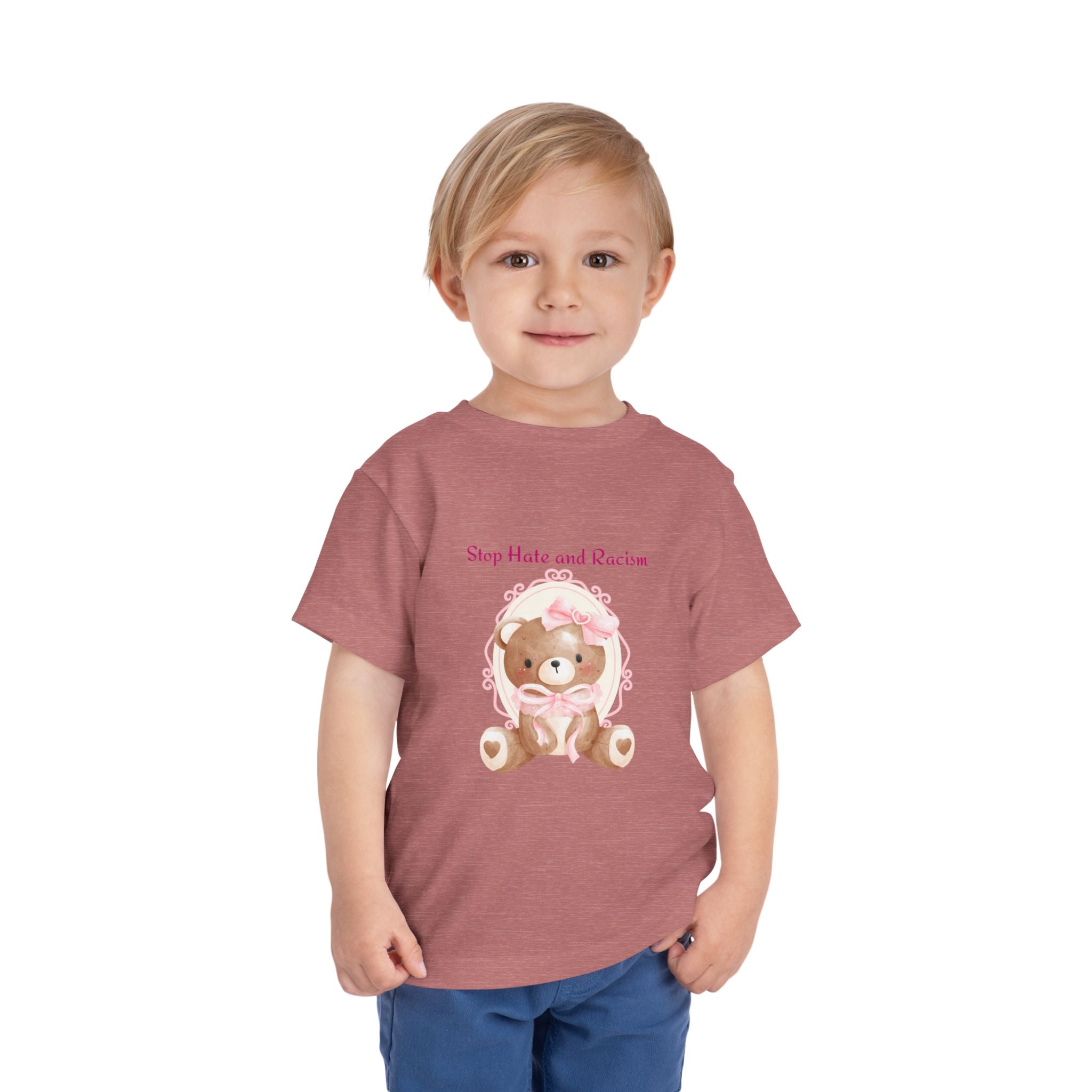 Toddler Tee – Pink Teddy "Stop Hate and Racism" Anti-Racism Kids Shirt