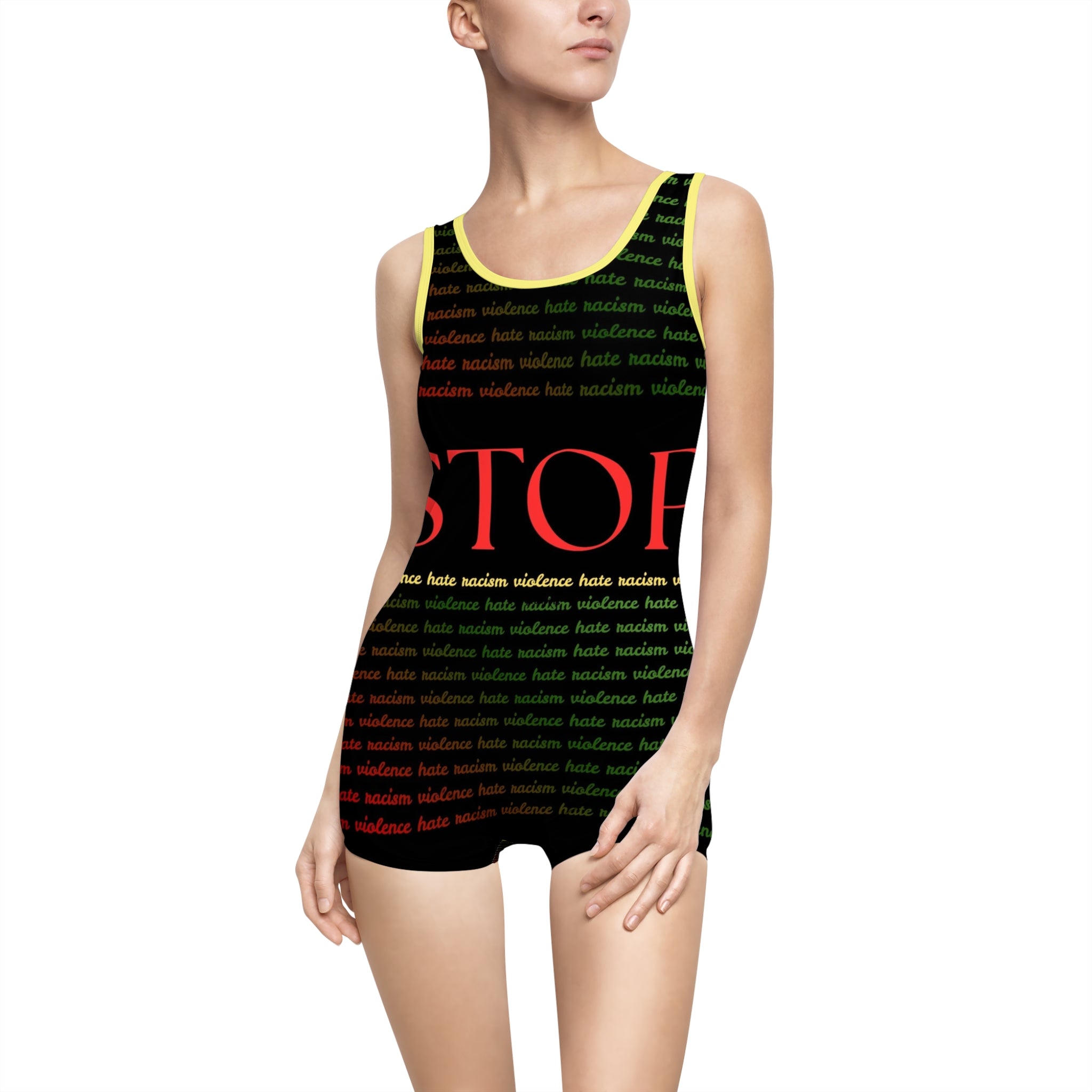 Vintage "Stop Racism" One-Piece Swimsuit — Retro Activist Bathing Suit
