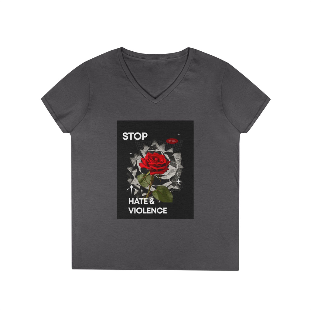 Stop Hate & Violence Women's V-Neck T-Shirt — Red Rose Peace Graphic Tee