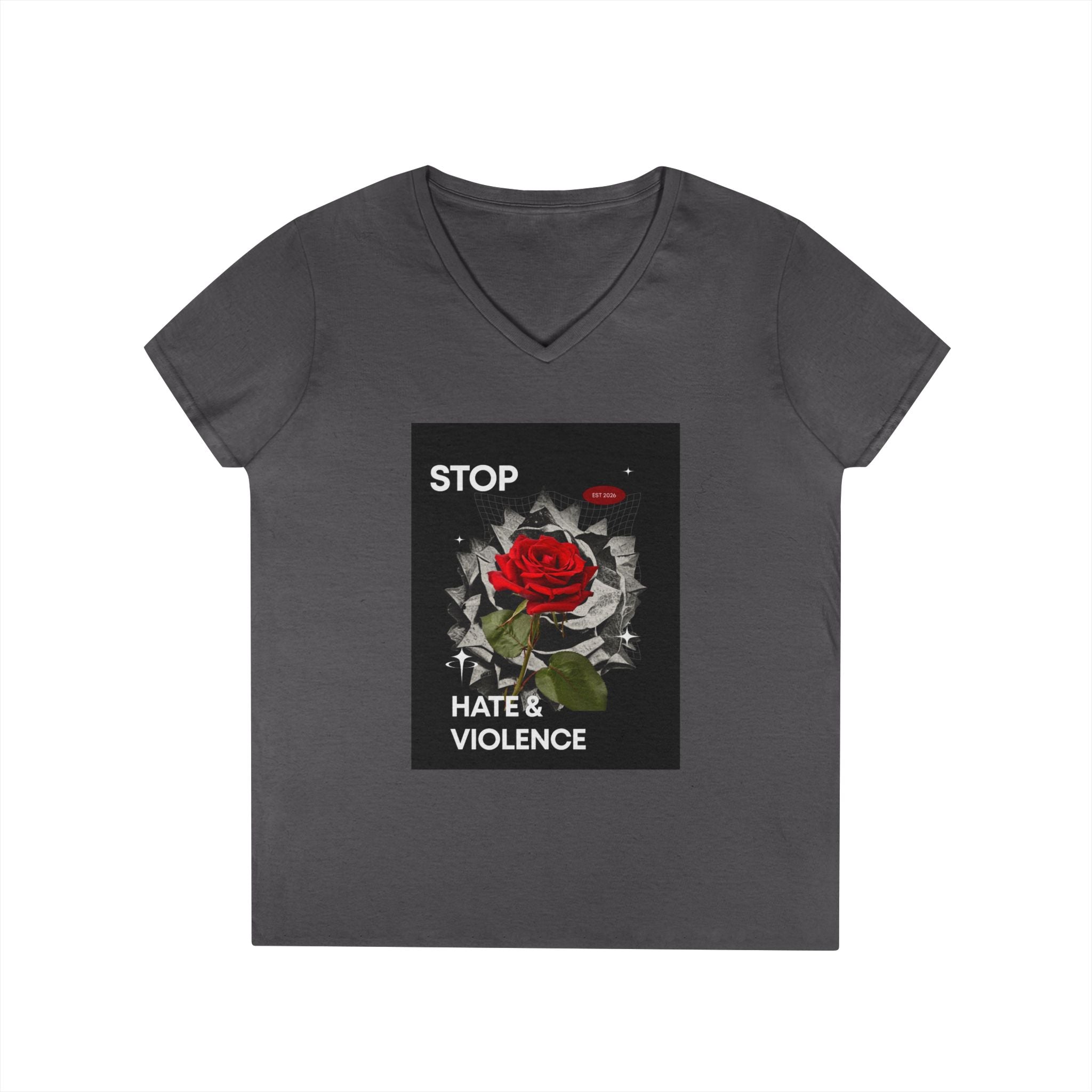 Stop Hate & Violence Women's V-Neck T-Shirt — Red Rose Peace Graphic Tee