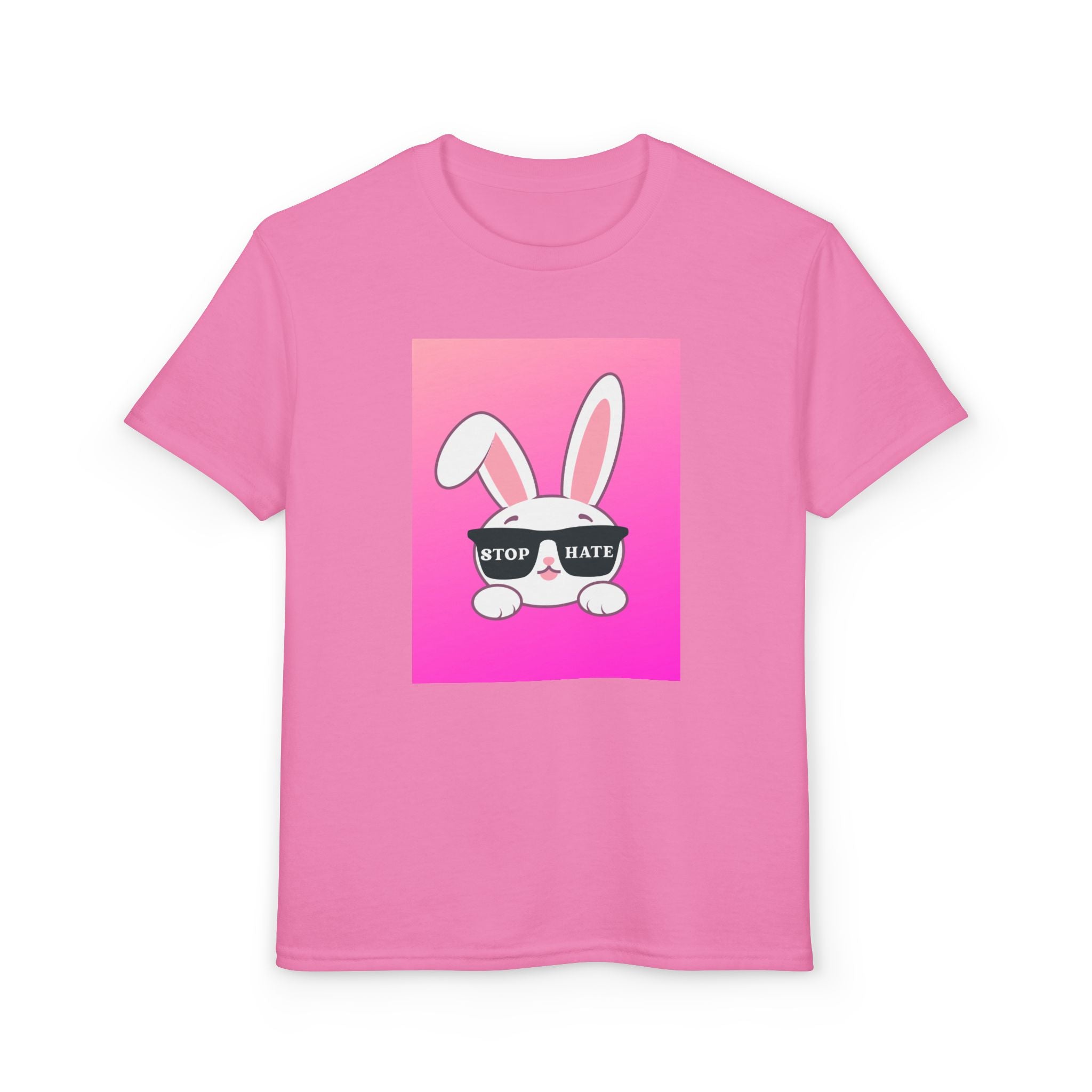 Youth T-Shirt — Pink Bunny "Stop Hate" Graphic