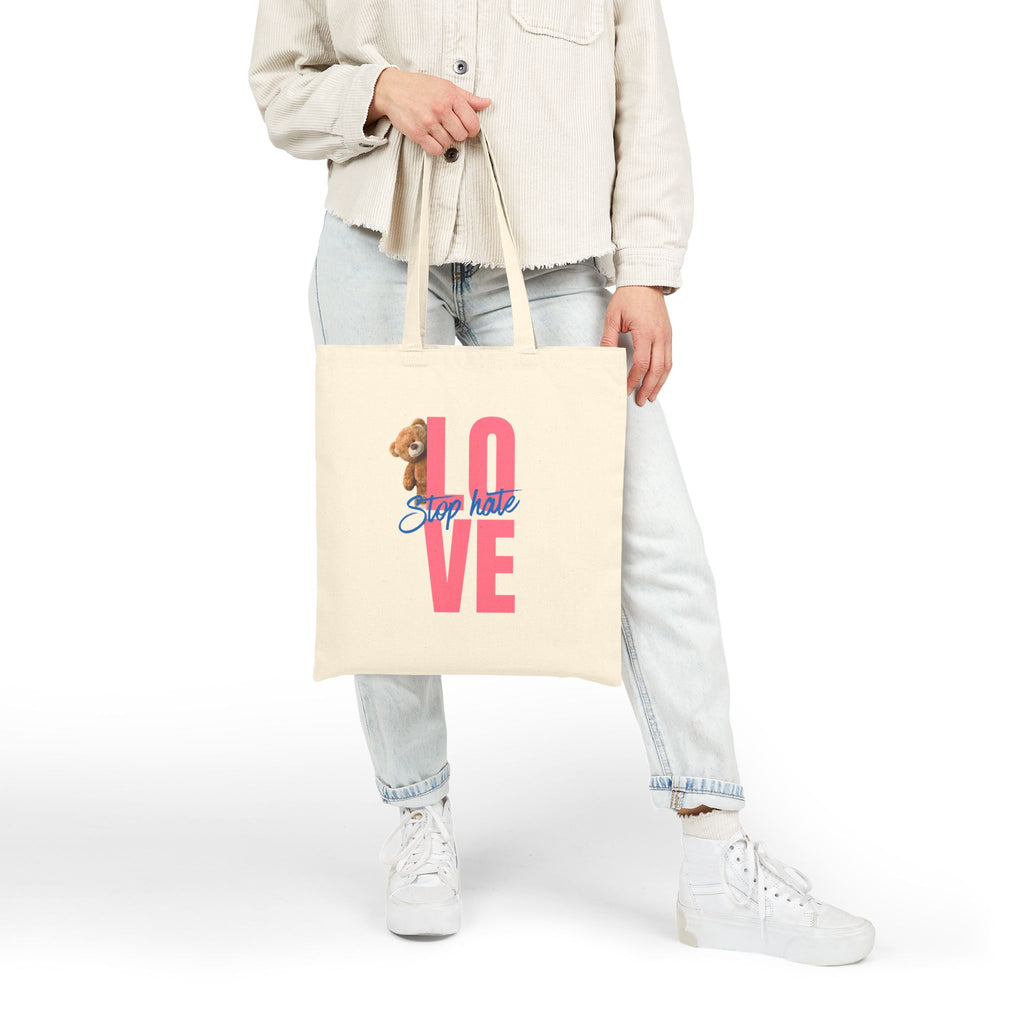 Love Tote Bag — Pink "LOVE" Design with Teddy & "Stop Hatin'" Script