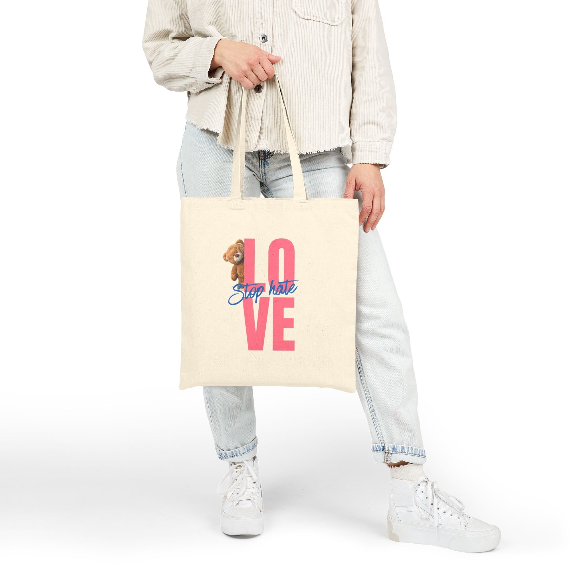 Love Tote Bag — Pink "LOVE" Design with Teddy & "Stop Hatin'" Script