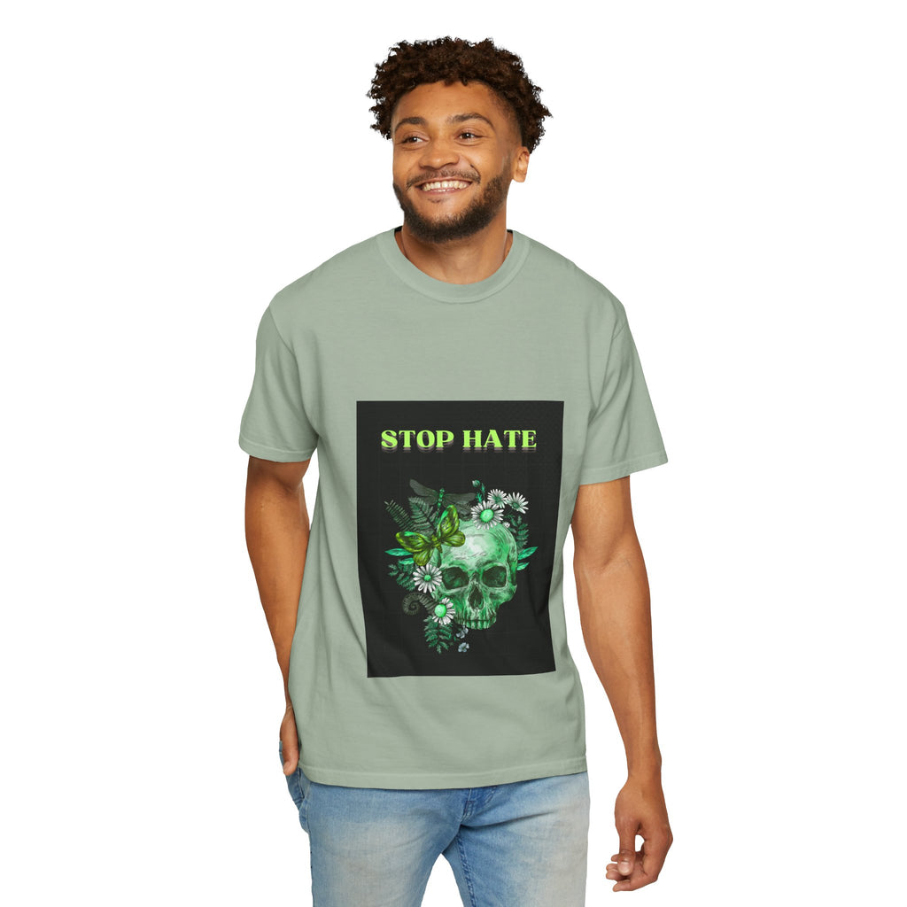 Stop Hate Skull T-Shirt — Green Floral Skull Graphic Tee