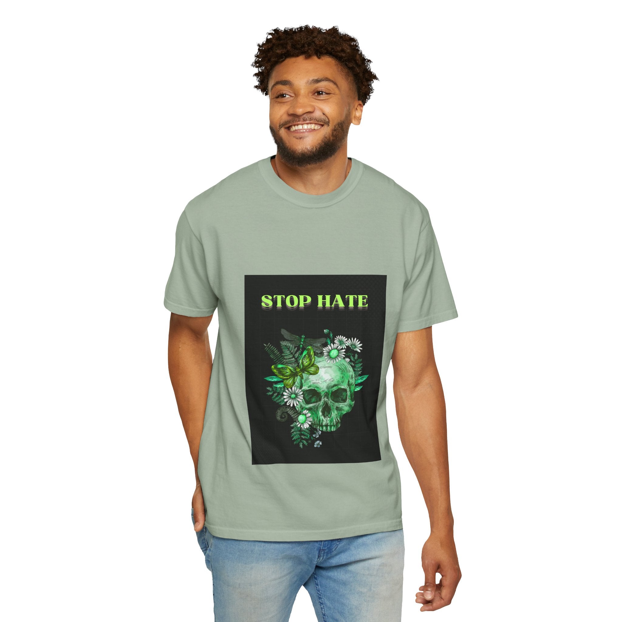 Stop Hate Skull T-Shirt — Green Floral Skull Graphic Tee