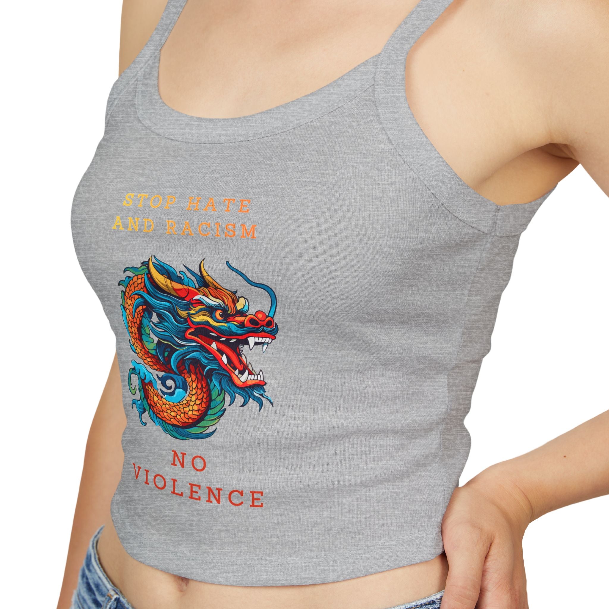 Tank Top — Colorful Dragon “Stop Hate and Racism / No Violence” Graphic Crop