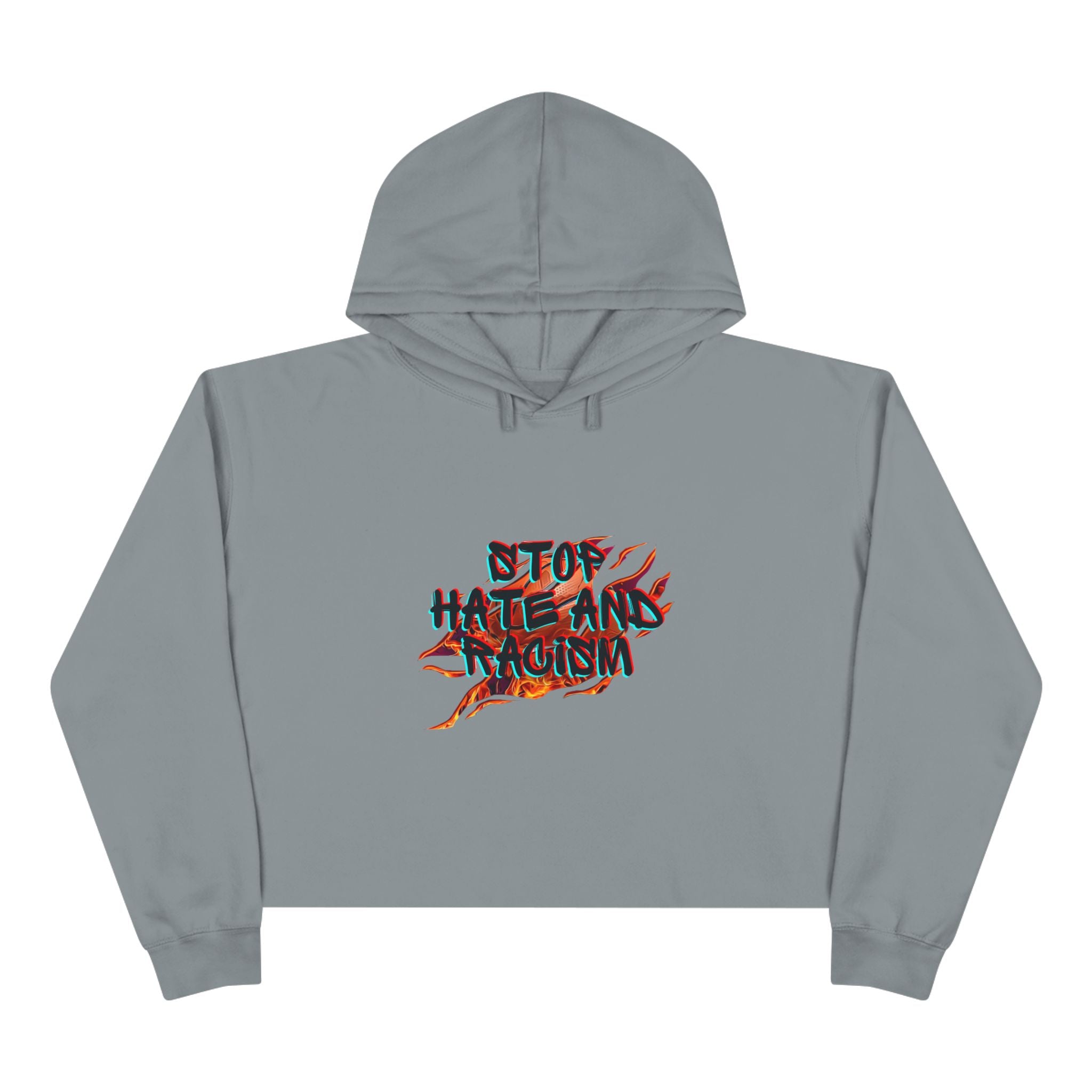 Crop Hoodie — “Stop Hating, Start Living” Flame Graphic Cropped Hoodie