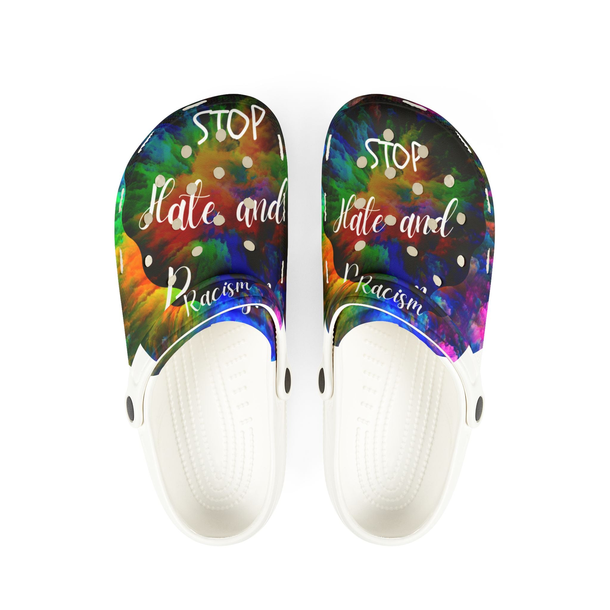 Stop Hate and Racism EVA Foam Clogs — Colorful Tie-Dye Statement Shoes