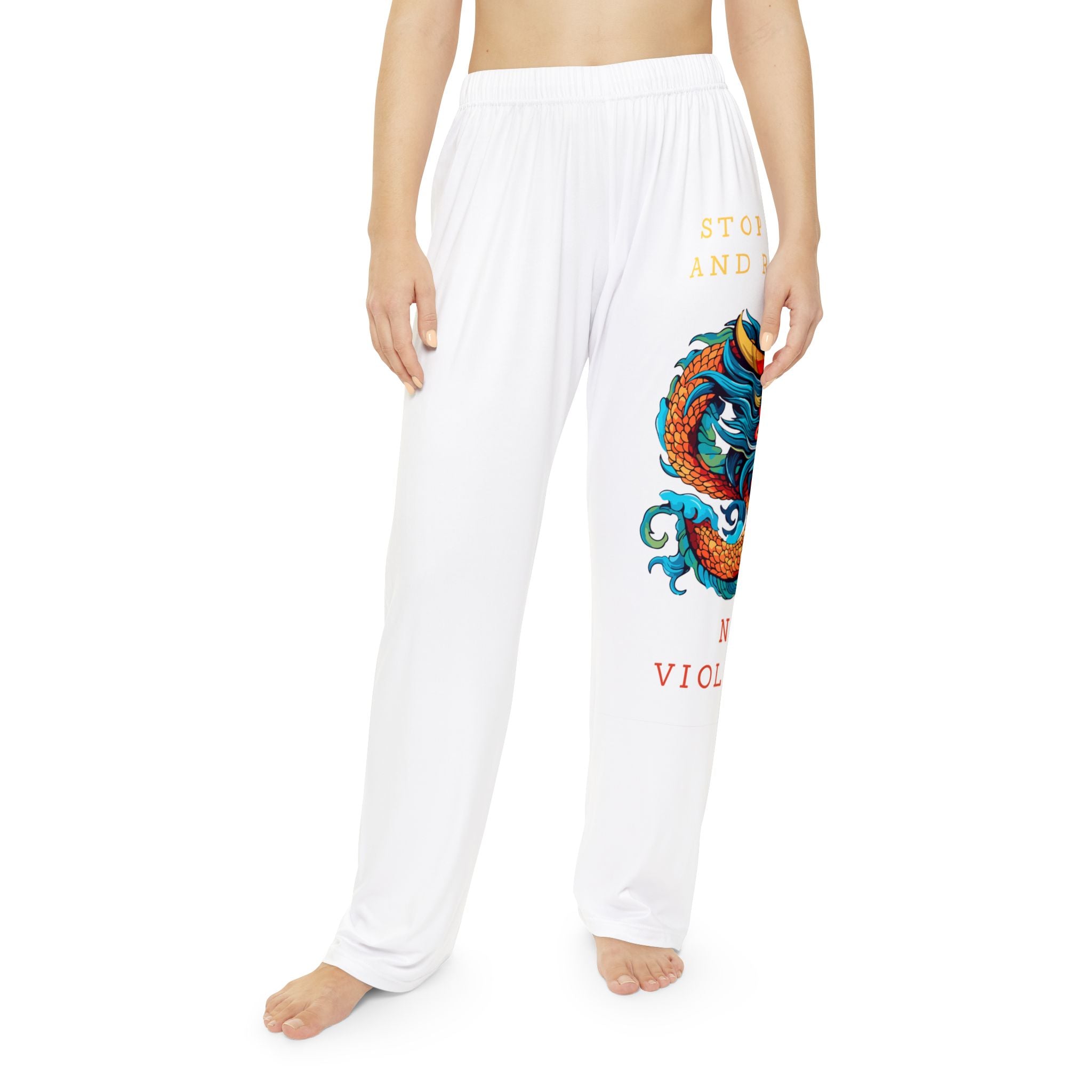 Dragon Print Pajama Pants - "Stop Hate and Racism, No Violence" Loungewear