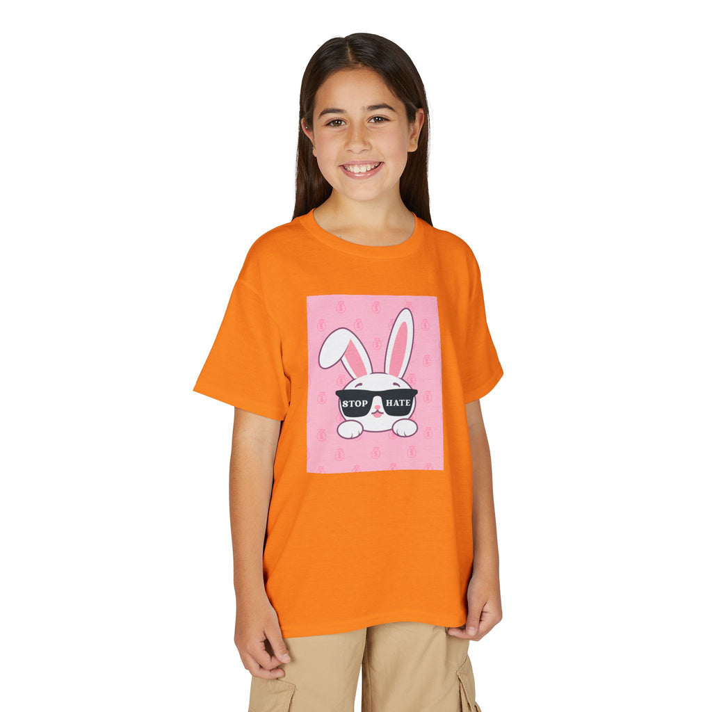 Youth T-Shirt — Pink Bunny Wearing "Stop Hate" Sunglasses Kids Tee