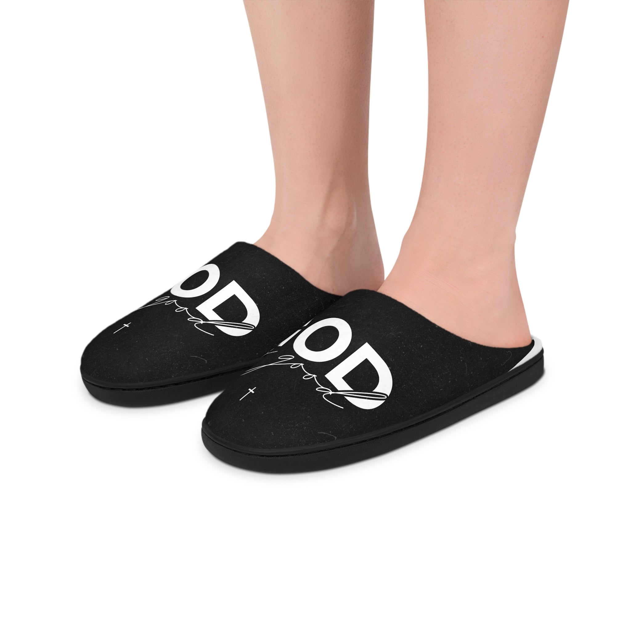Women's Indoor Slippers — 'God is Good' Cozy Black Slip-On