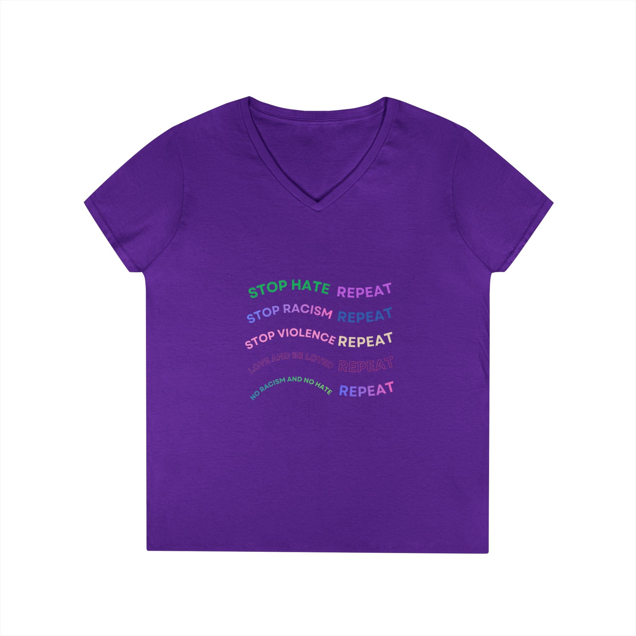 Ladies' V-Neck T-Shirt — "Stop Hate Repeat" Anti-Racism Message Tee