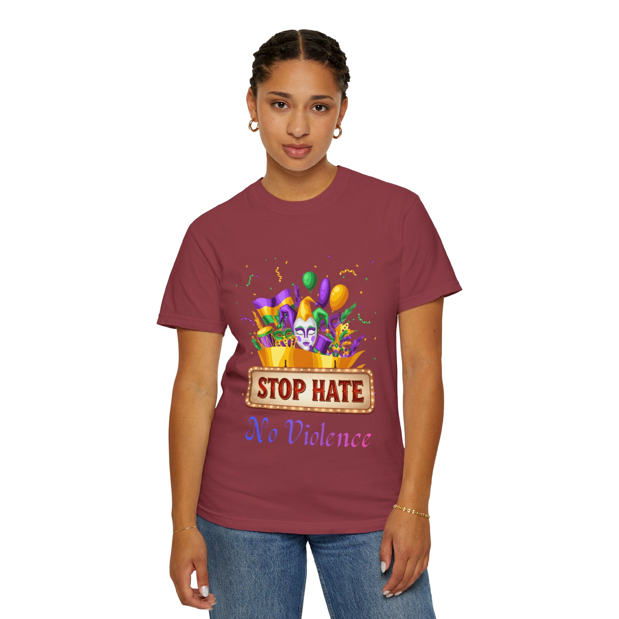T-Shirt — "Stop Hate, No Violence" Mardi Gras Parade Design