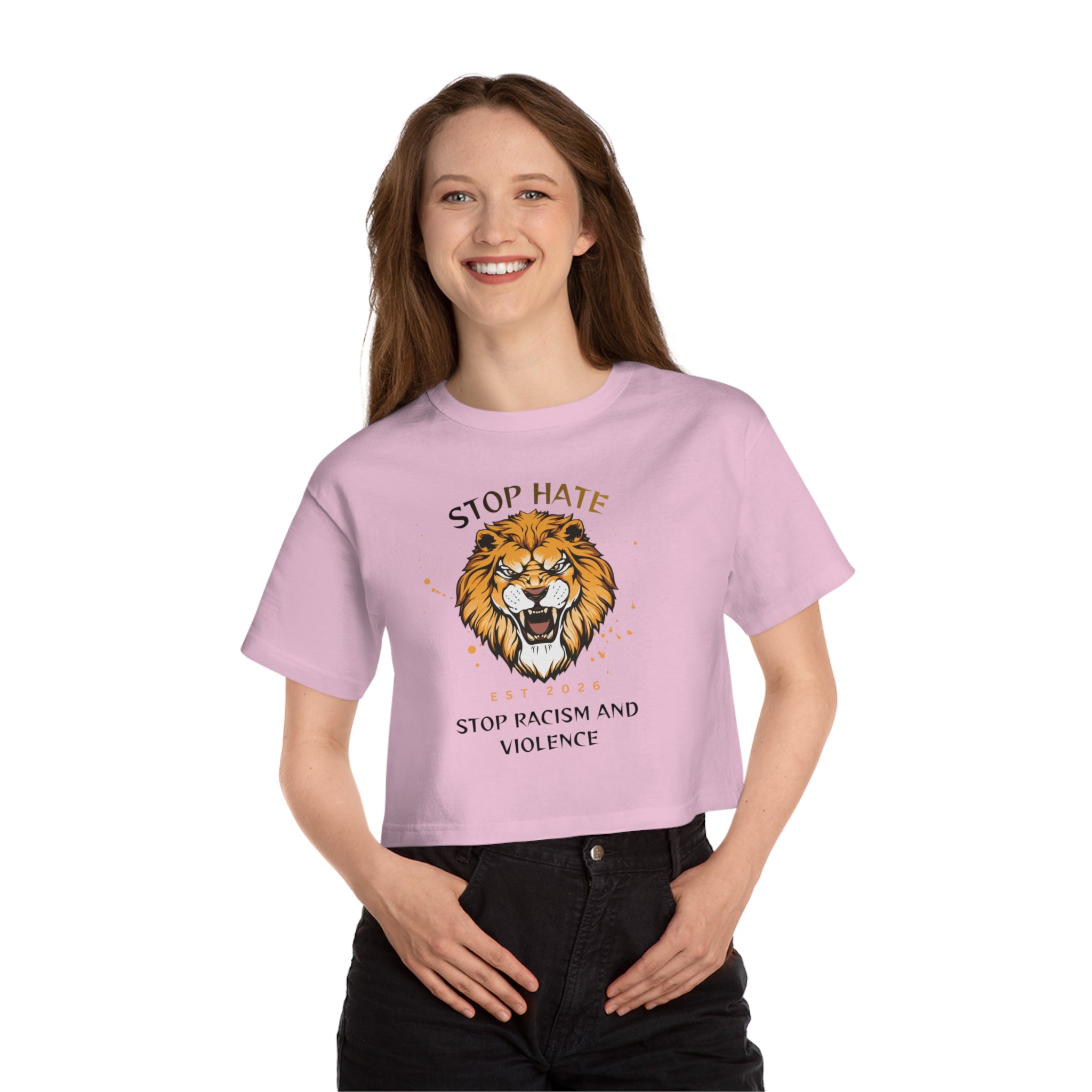 Stop Hate Lion Crop Tee — "Stop Racism and Violence" Graphic T‑Shirt