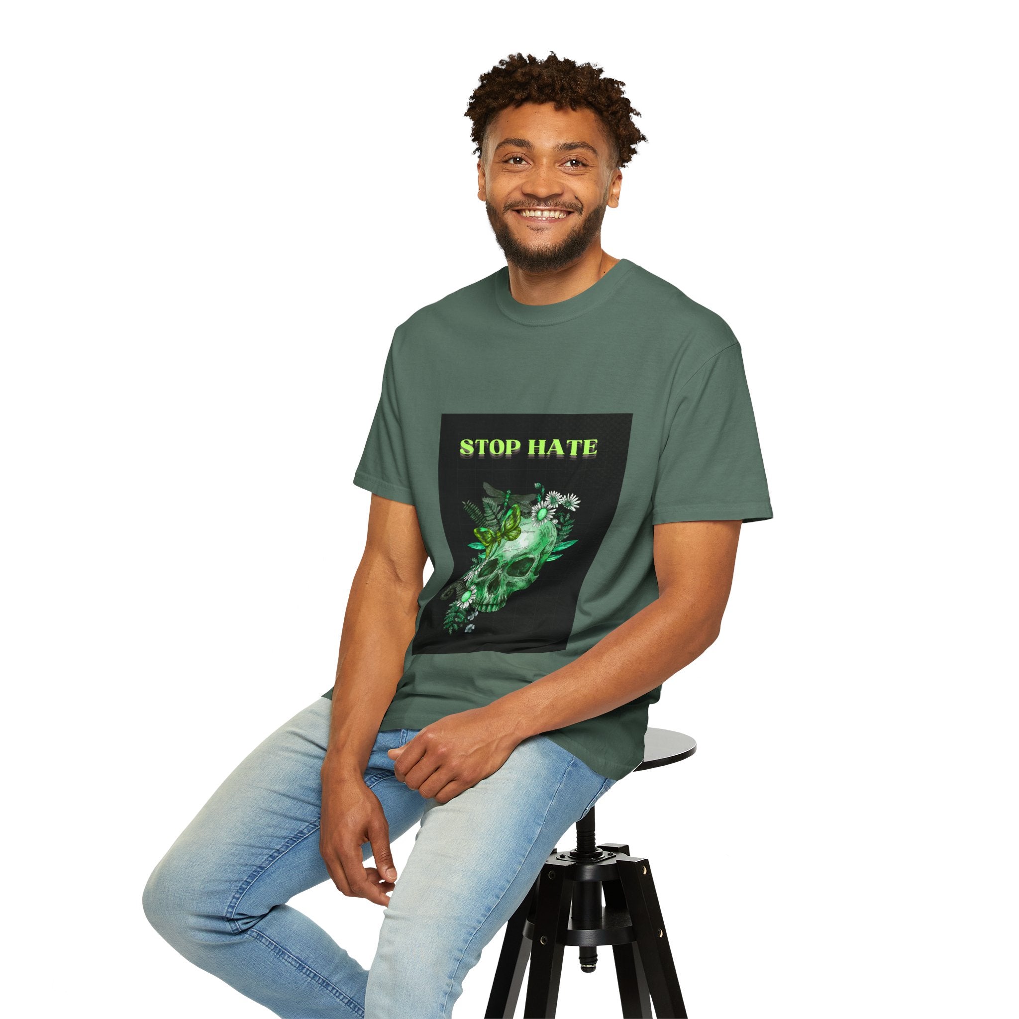 Stop Hate Skull T-Shirt — Green Floral Skull Graphic Tee