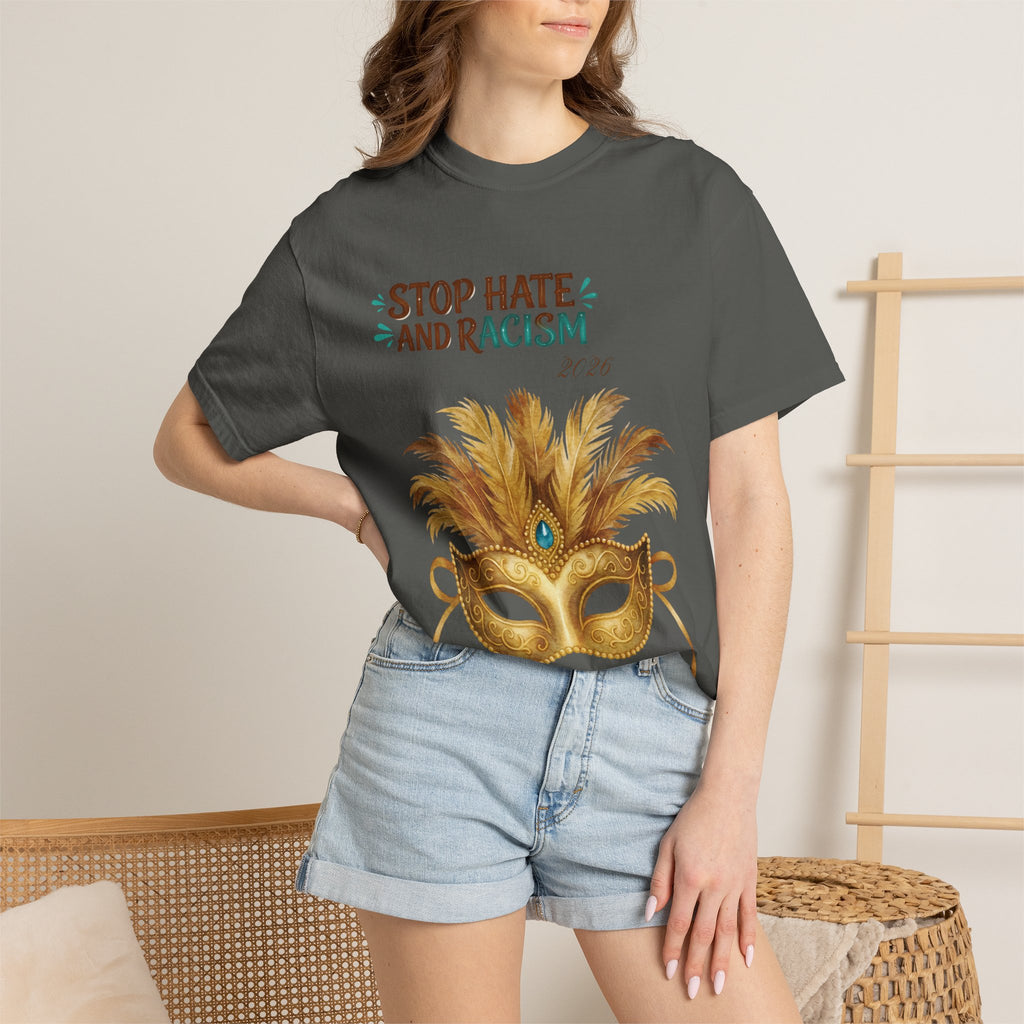 Stop Hate and Racism T-Shirt — Mardi Gras Mask Anti-Racism Tee