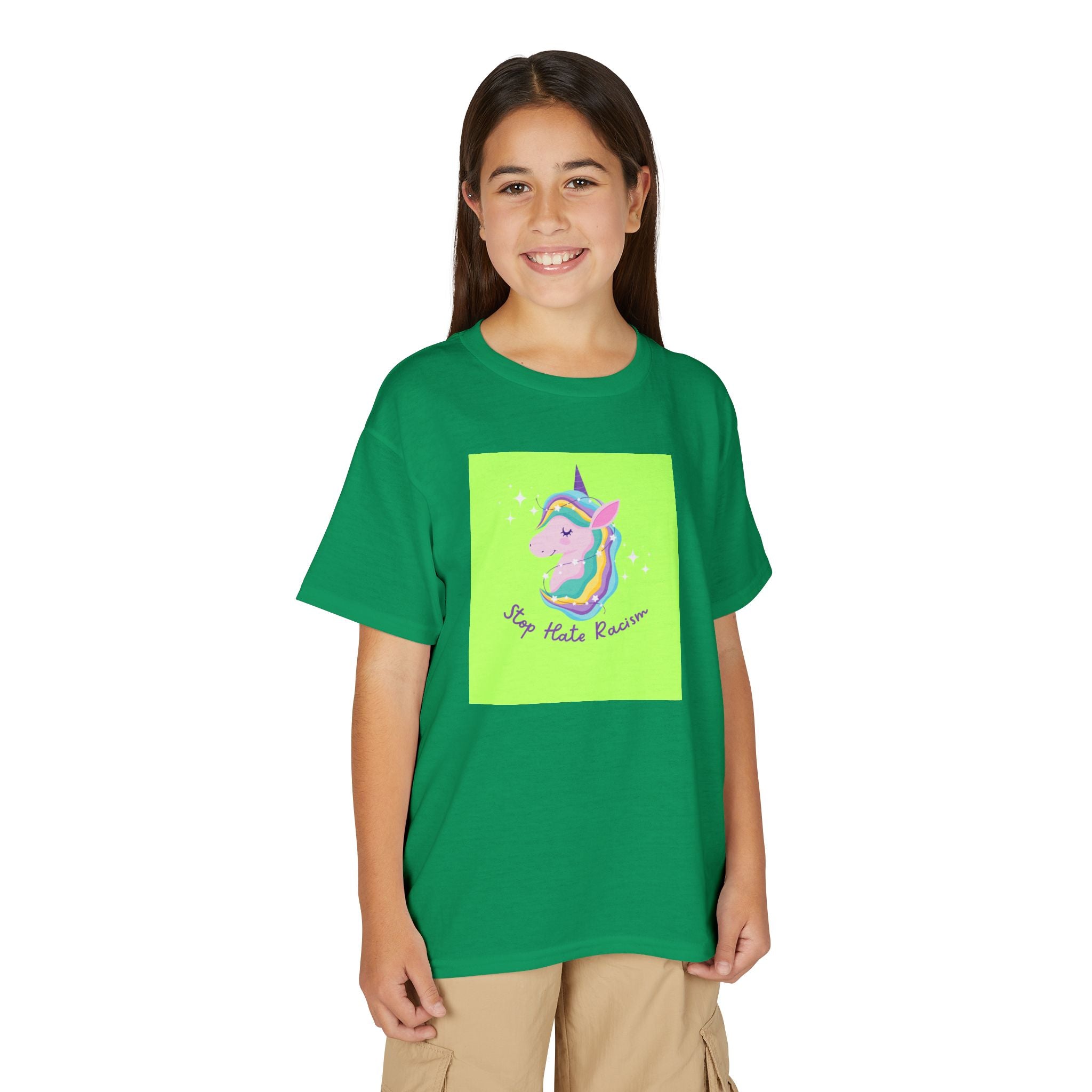 Youth T-Shirt — Rainbow Unicorn “Stop Hate Racism” Graphic