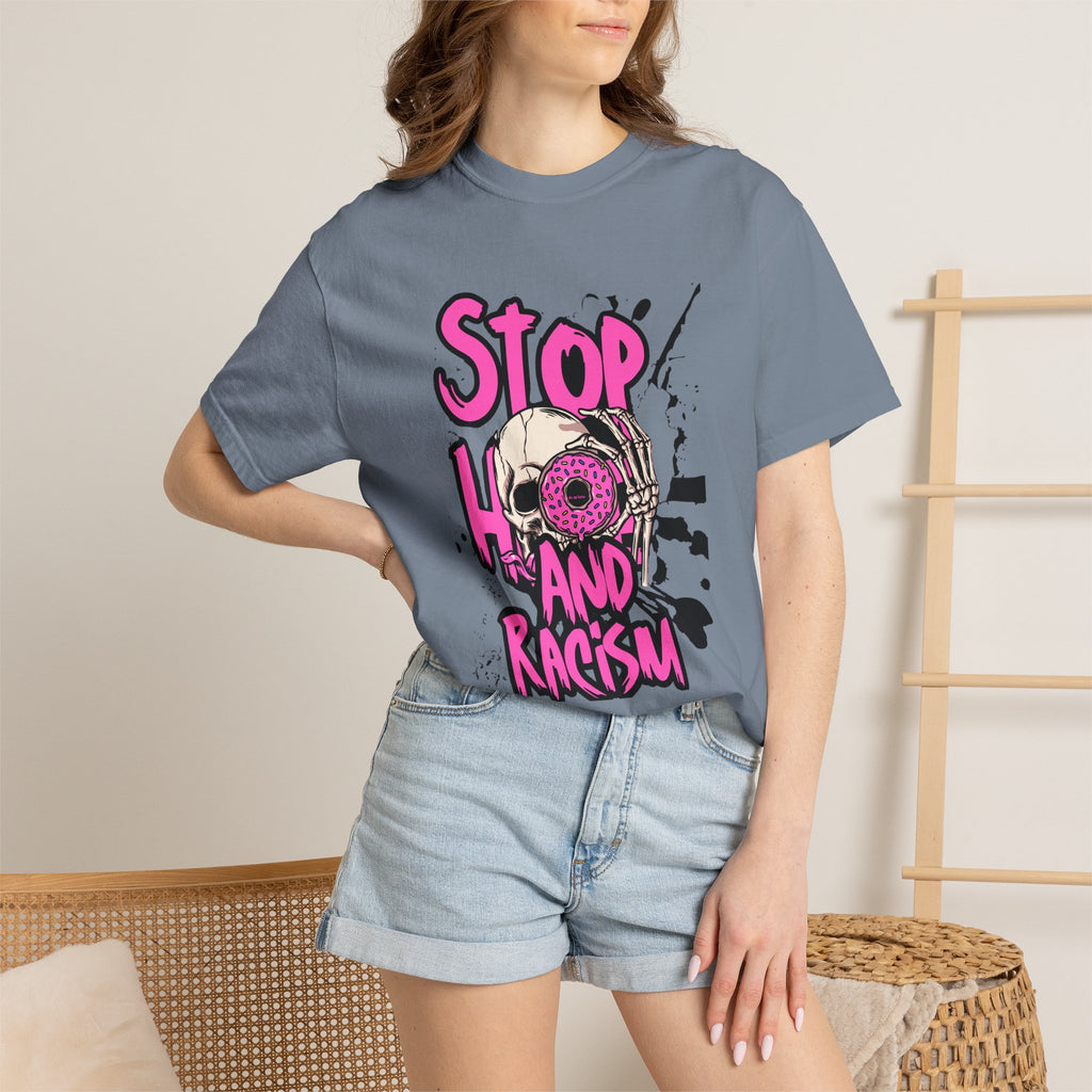 Stop H8 and Racism Graphic Tee — Anti-Racism Skull Donut Protest T-Shirt