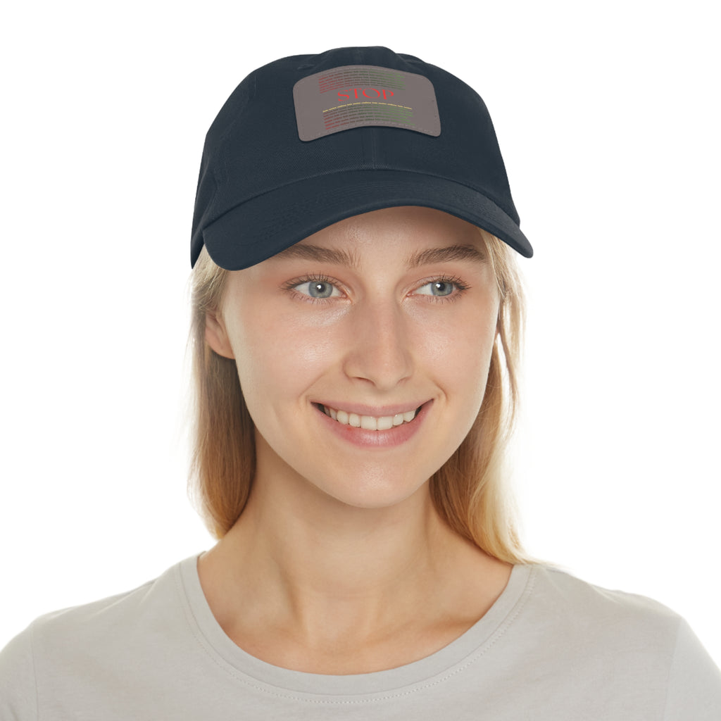 Leather Patch Dad Hat — 'STOP' Embossed Casual Baseball Cap