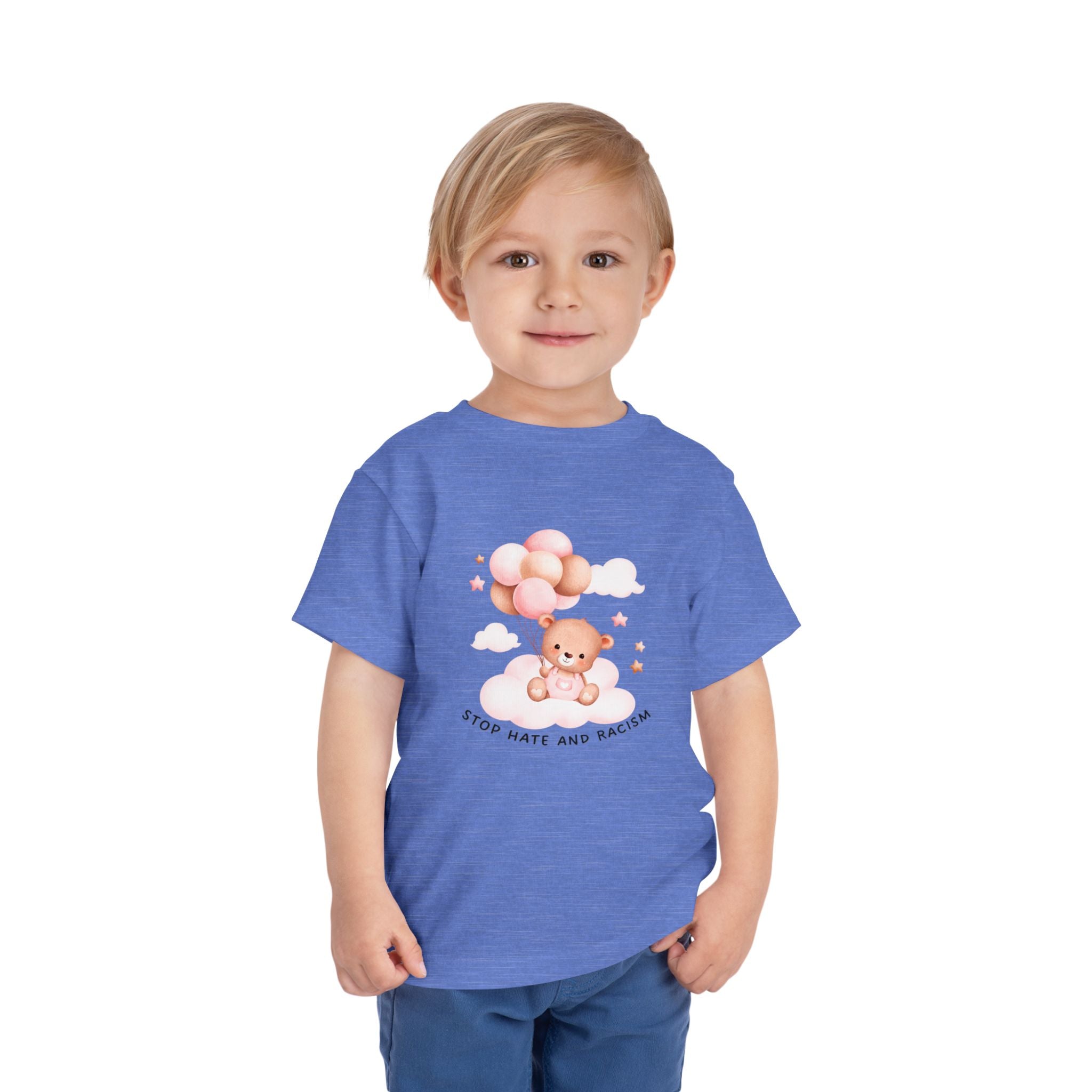Toddler Tee — Cute Teddy with Balloons “Stop Hate and Racism”
