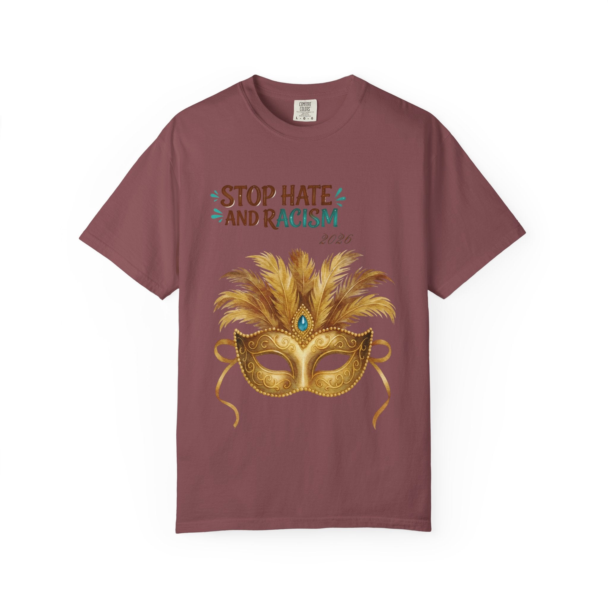 Stop Hate and Racism T-Shirt — Mardi Gras Mask Anti-Racism Tee