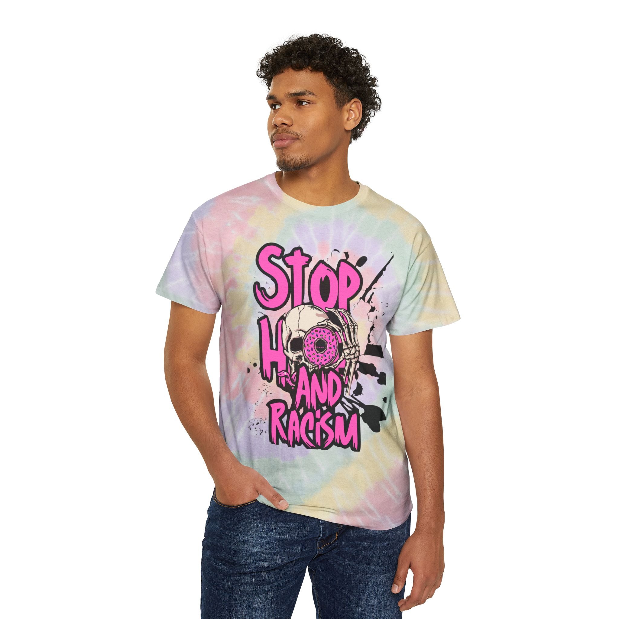 Tie-Dye Tee — "Stop Hate and Racism" Spiral Graphic T-Shirt
