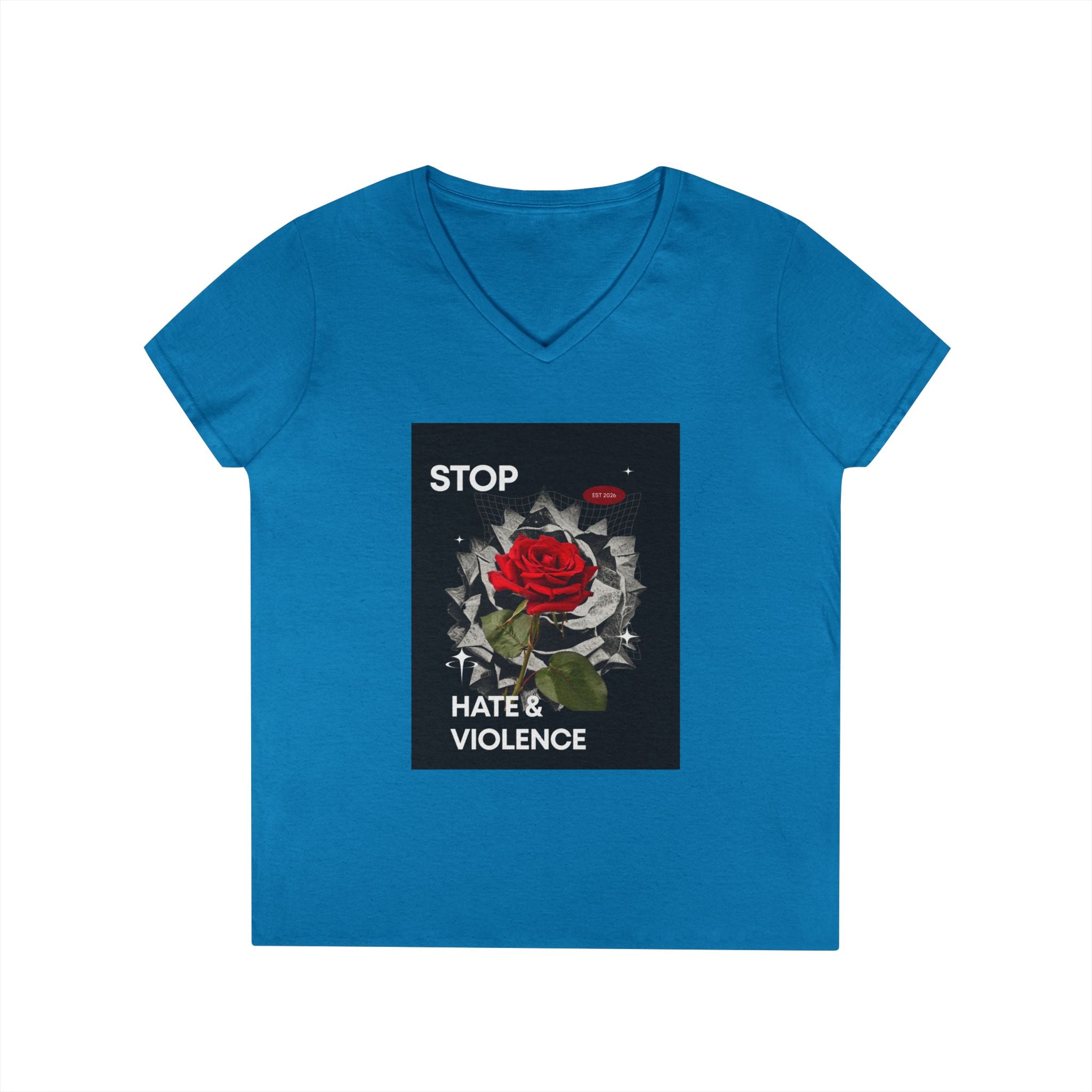 Stop Hate & Violence Women's V-Neck T-Shirt — Red Rose Peace Graphic Tee