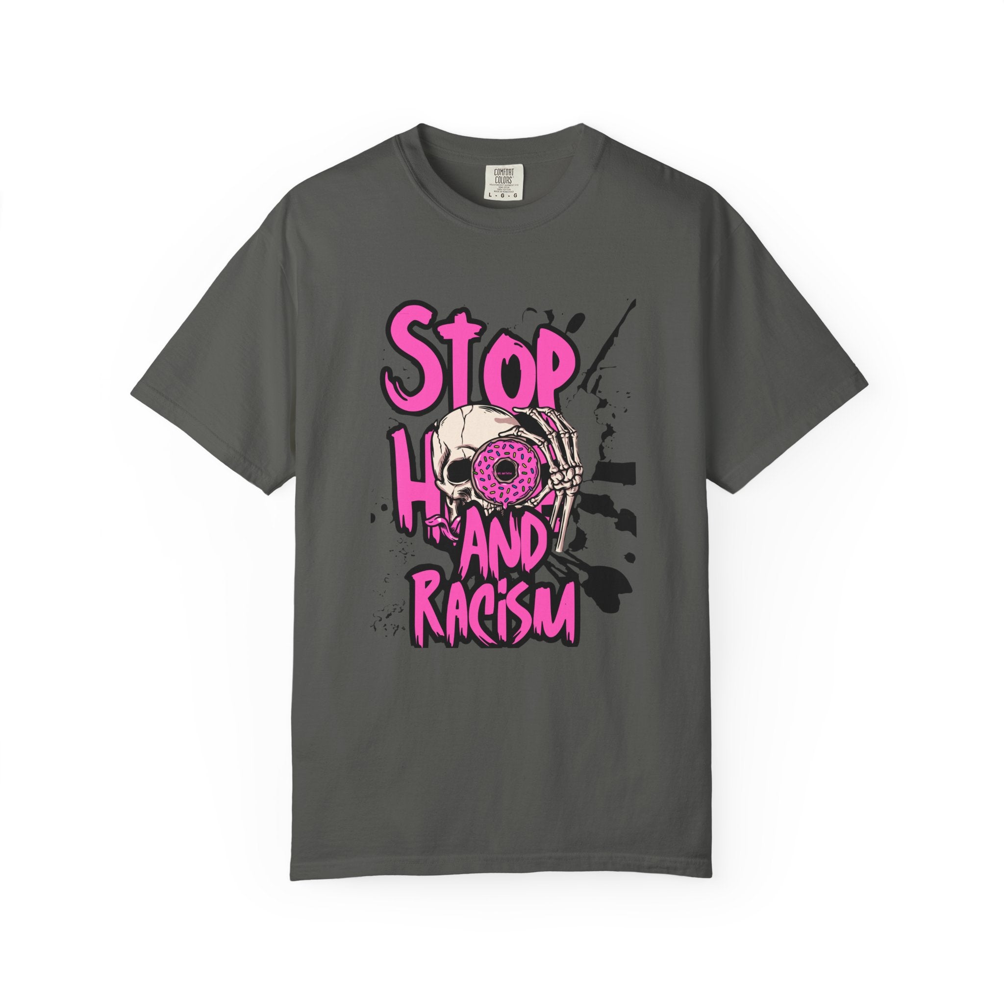 Stop H8 and Racism Graphic Tee — Anti-Racism Skull Donut Protest T-Shirt