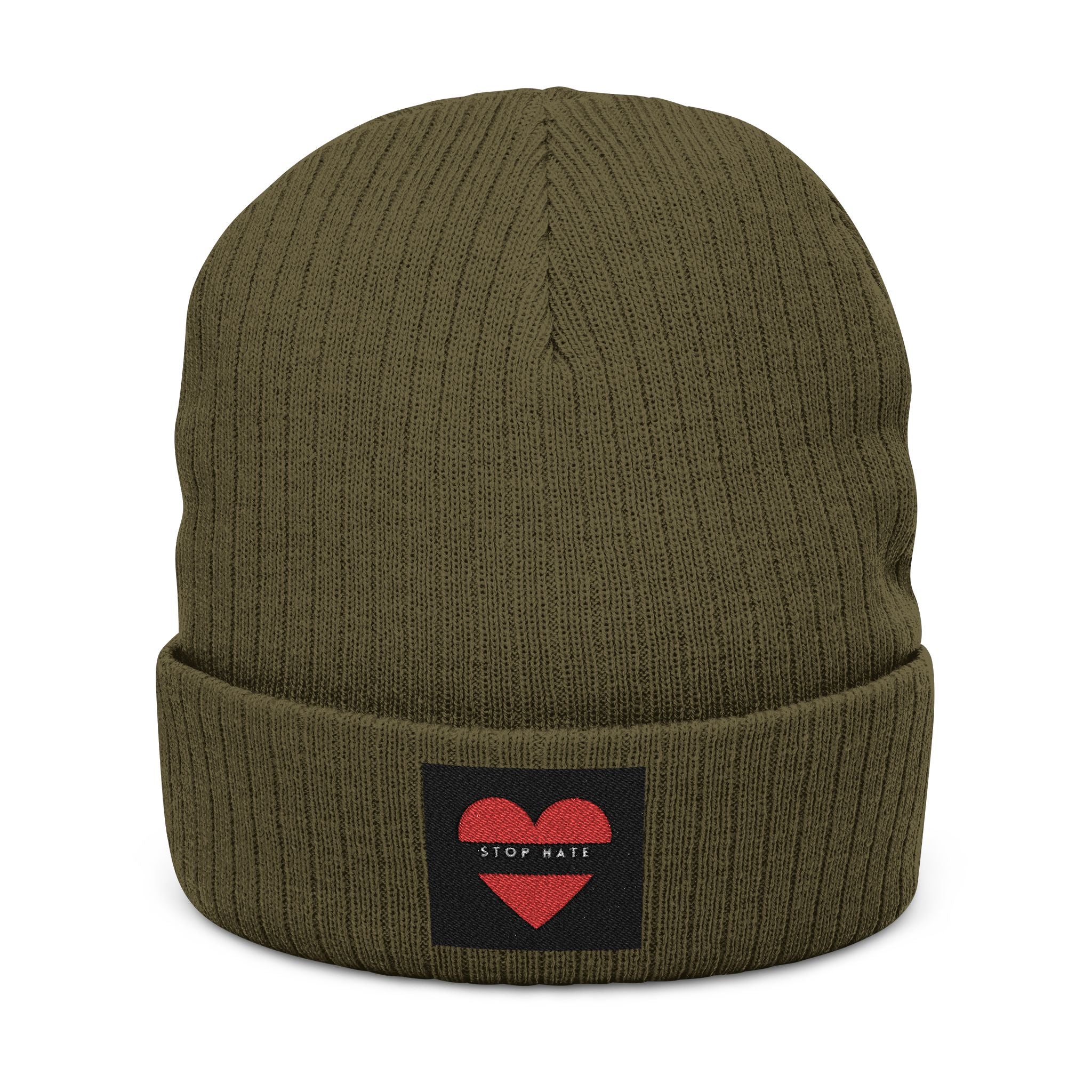 Embroidered Heart Patch Ribbed Knit Beanie — "Stay Nice"