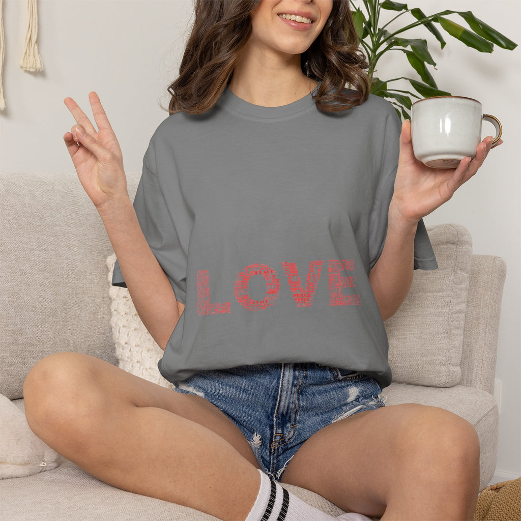 LOVE Graphic T-Shirt — Pink Floral Text Tee for Valentine’s Day & Everyday