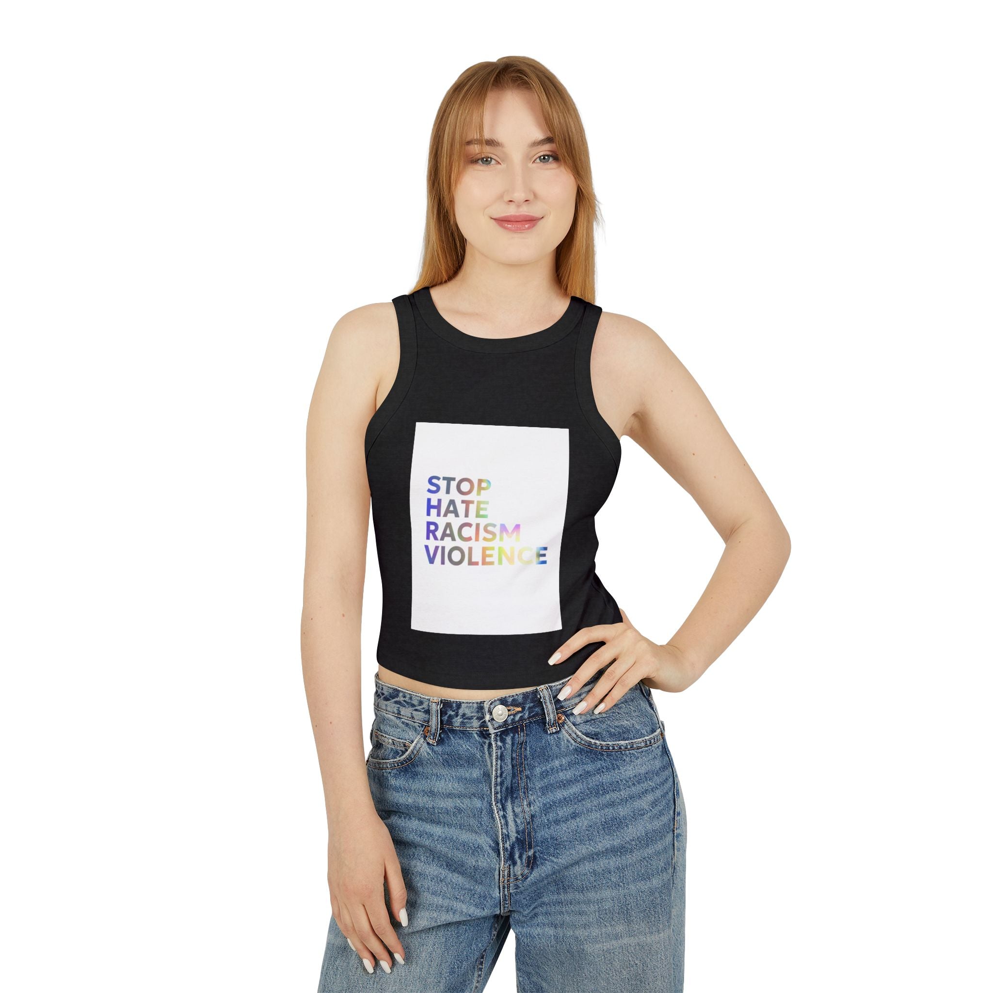 Racer Tank — "STOP HATE RACISM VIOLENCE" Rainbow Social Justice Crop