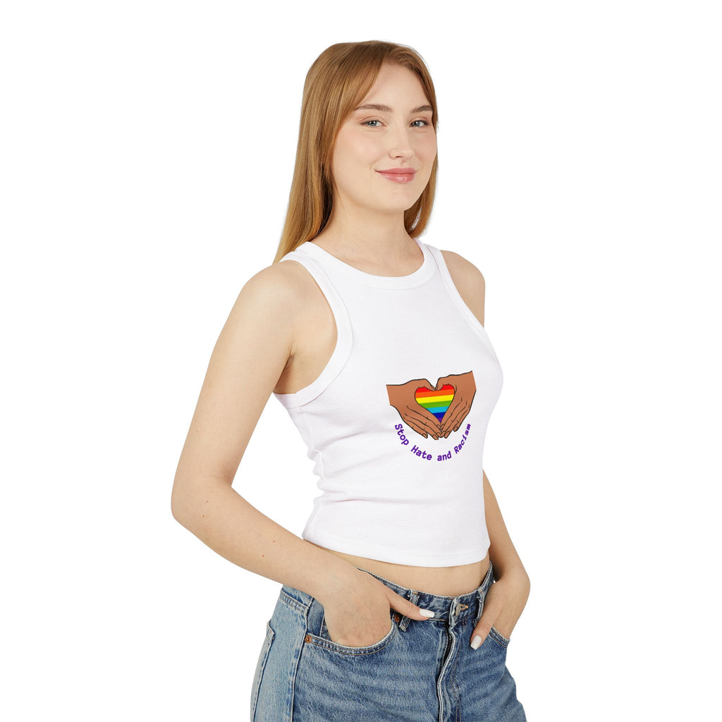 Racer Tank - Rainbow Heart Hands “Love Wins and Hugs” Pride Crop Top
