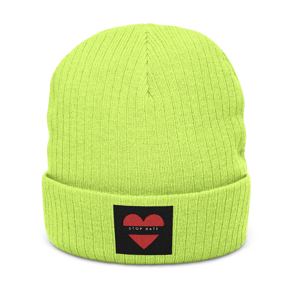 Embroidered Heart Patch Ribbed Knit Beanie — "Stay Nice"