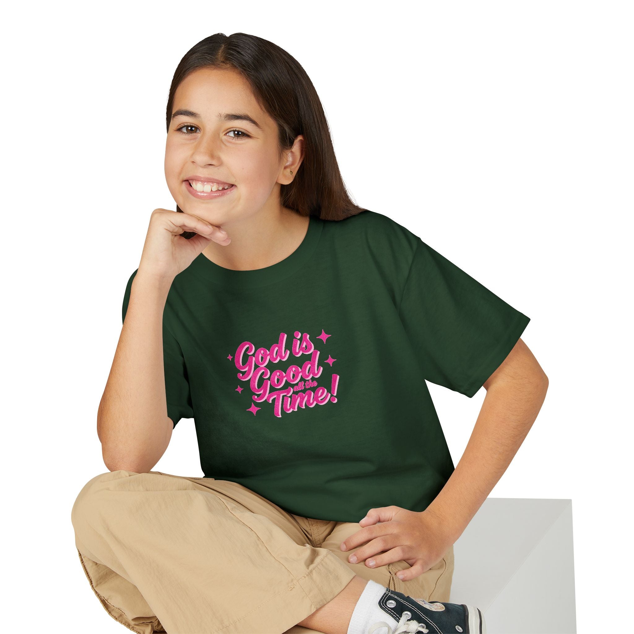 Youth T-Shirt — "God Is Good Time!" Pink Script Faith Tee