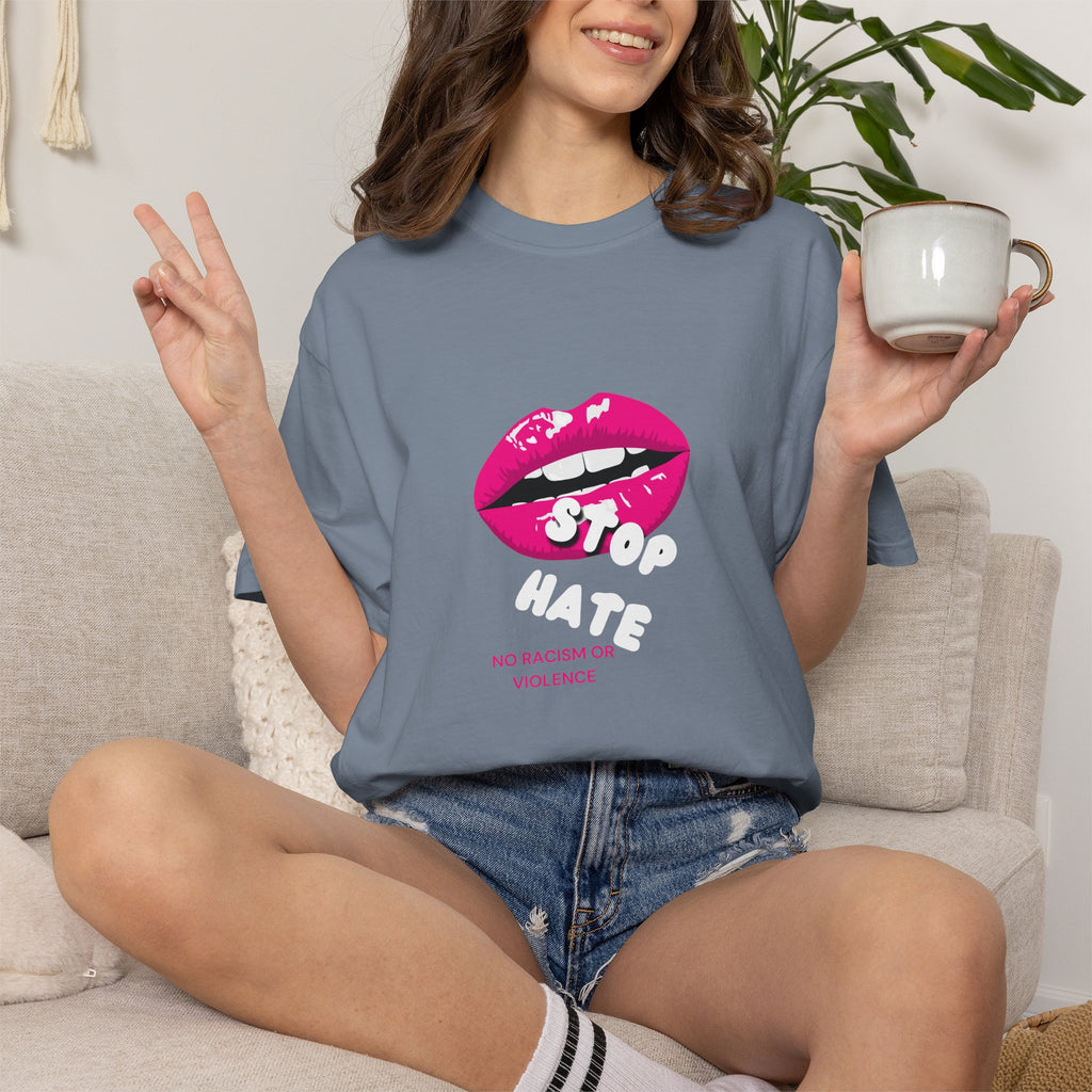 T-Shirt — Pink Lip 'Stop' Graphic Tee (No Racism or Violence)