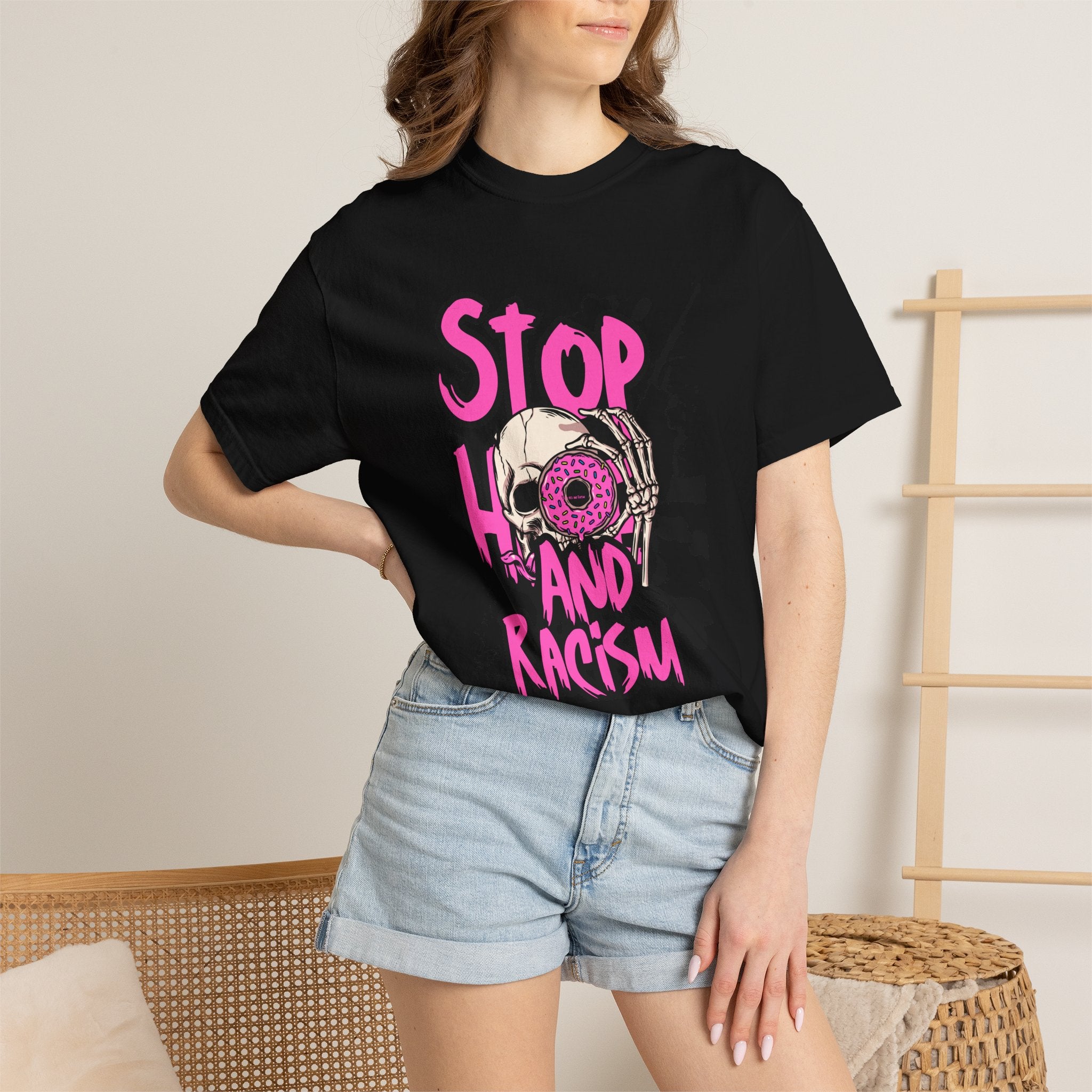 Stop H8 and Racism Graphic Tee — Anti-Racism Skull Donut Protest T-Shirt