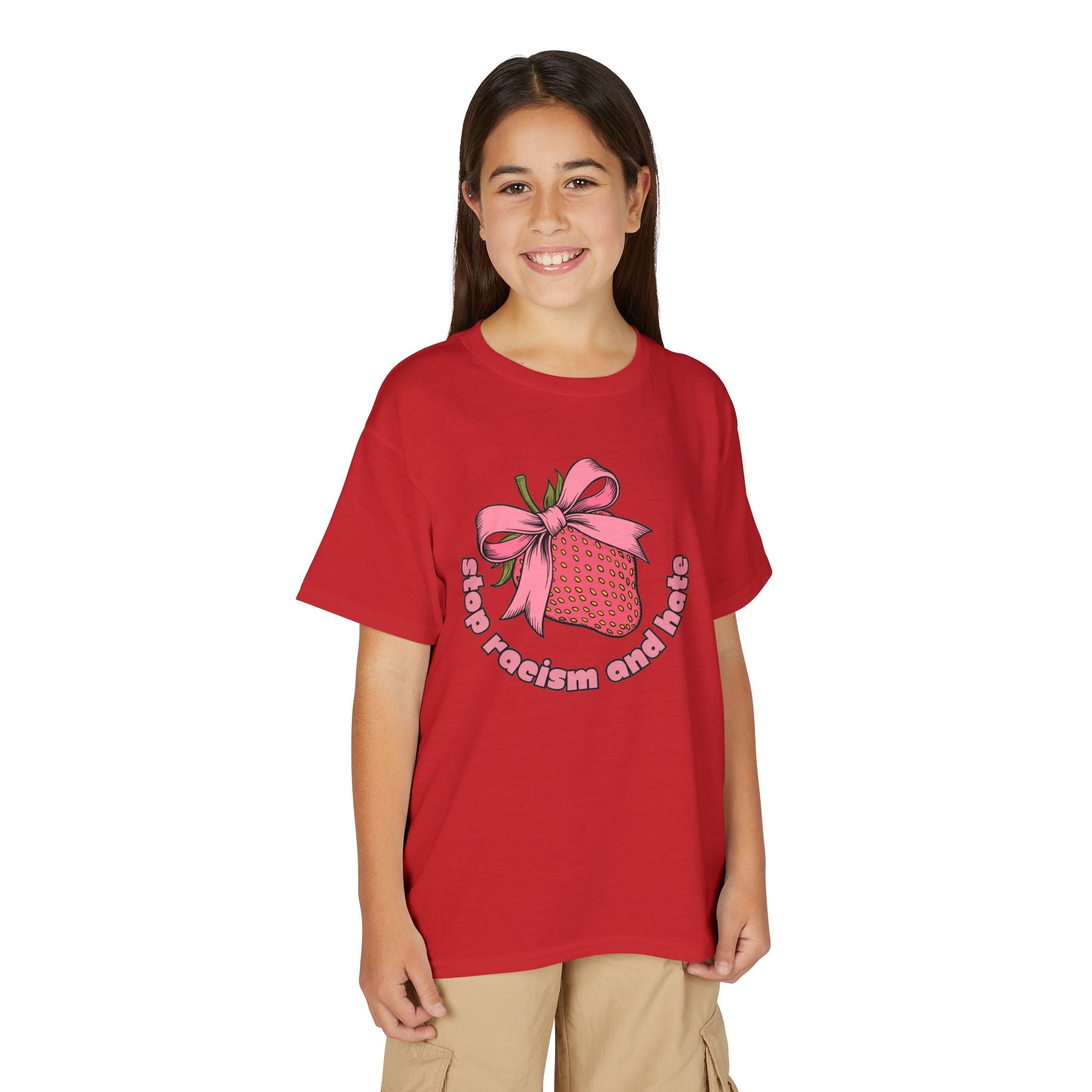 Youth T-Shirt — Cute Pink Gift Box Graphic with "Stop, Realism and Races" Slogan