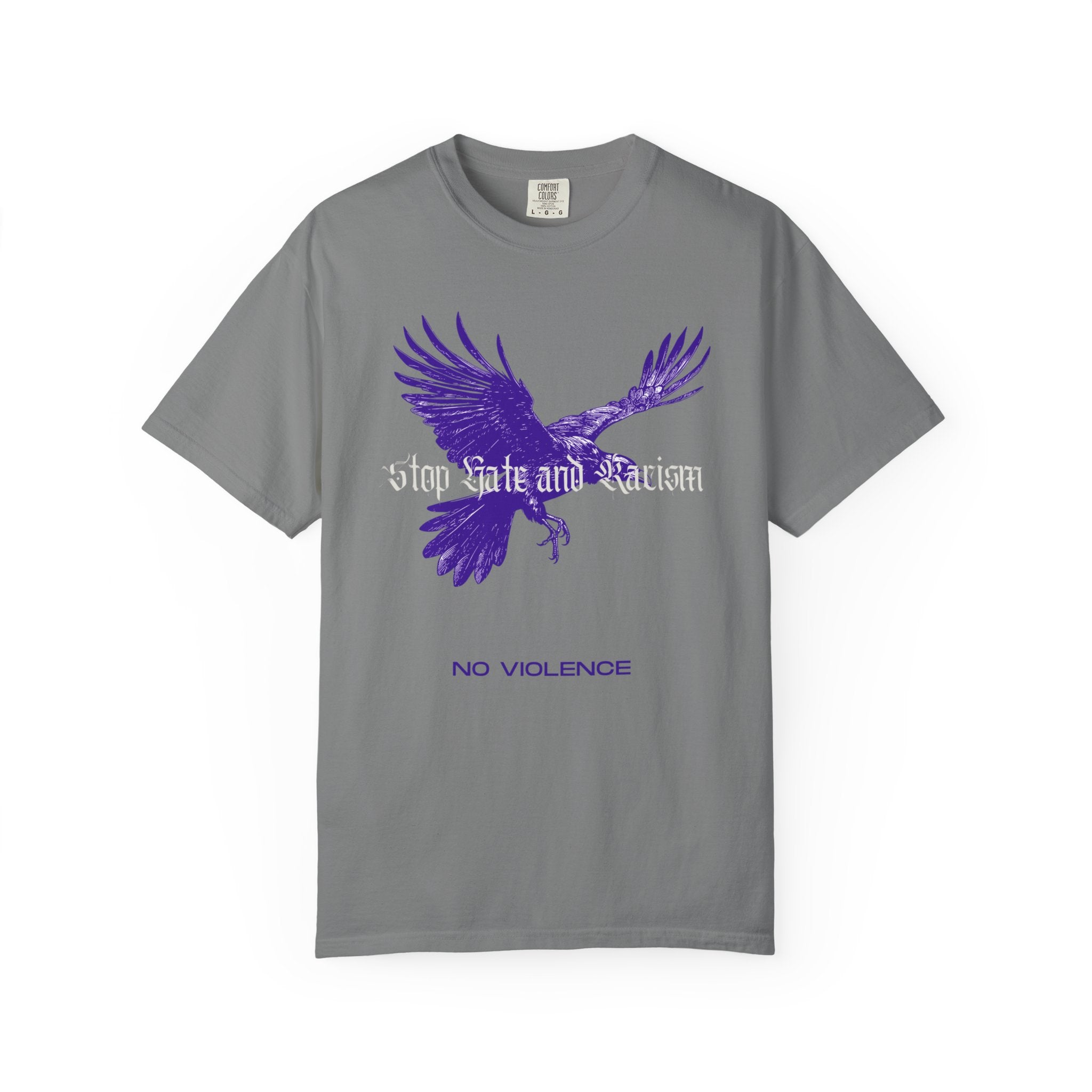 No Violence Raven T-Shirt — Purple Flying Crow Graphic Tee