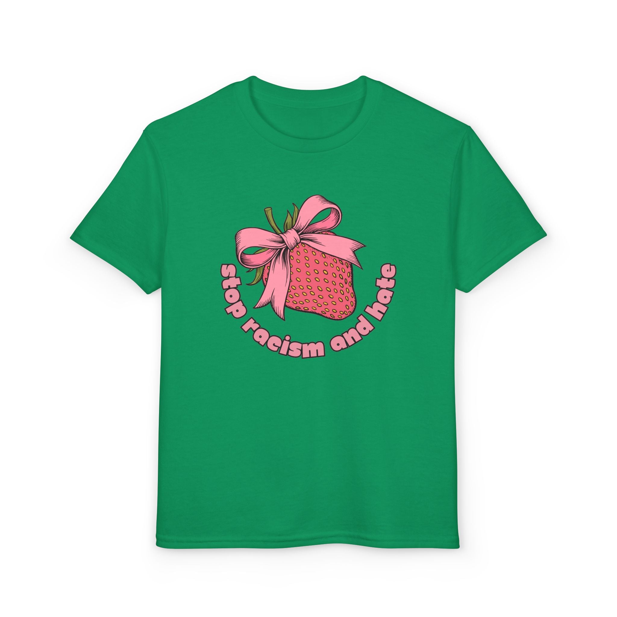 Youth T-Shirt — Cute Pink Gift Box Graphic with "Stop, Realism and Races" Slogan