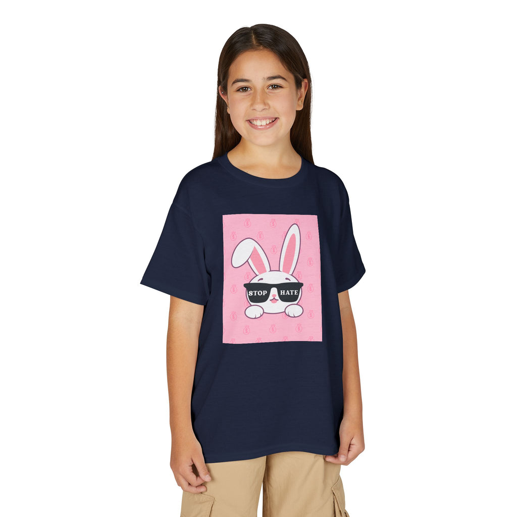 Youth T-Shirt — Pink Bunny Wearing "Stop Hate" Sunglasses Kids Tee